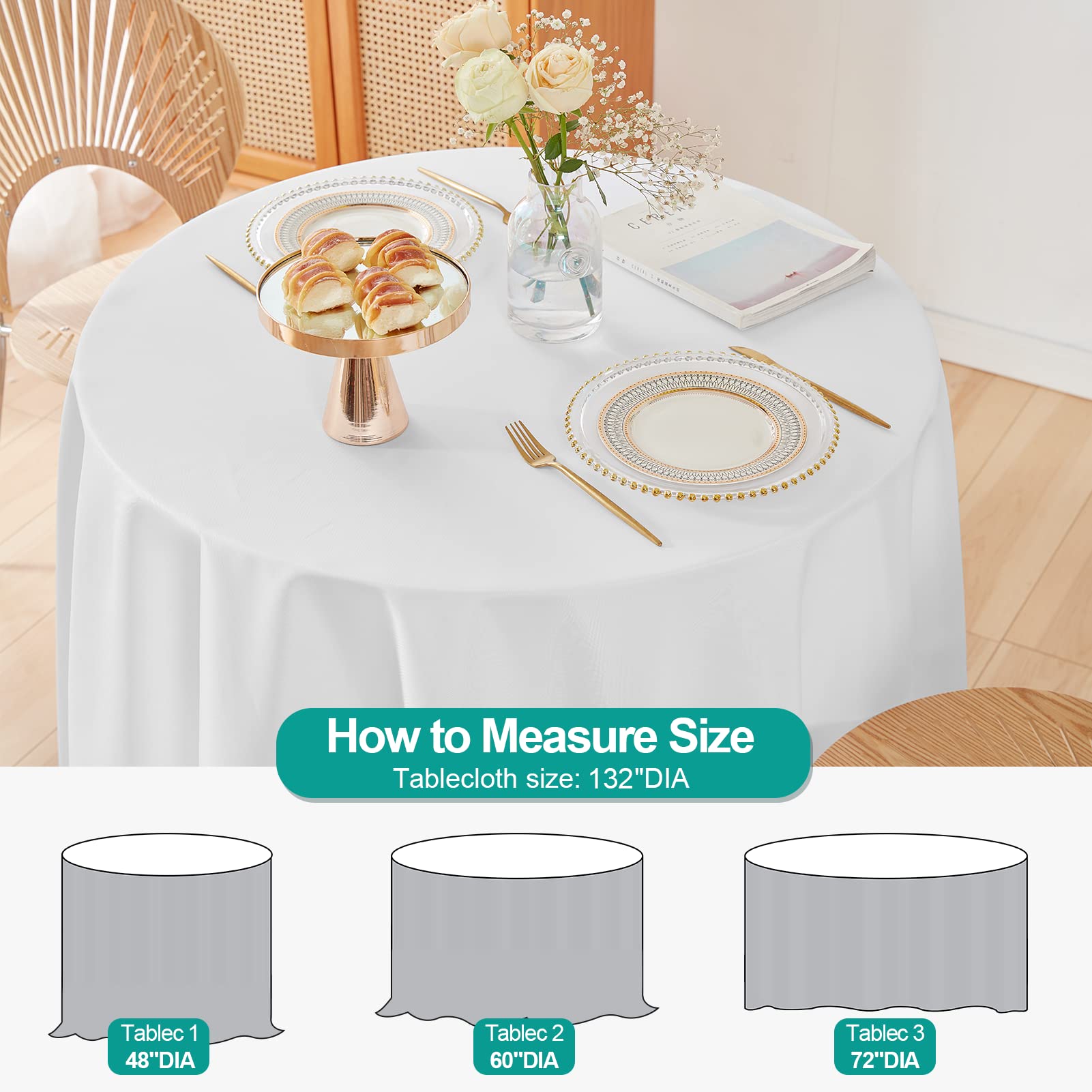 Emart White Table Cloth Round (6 Pack) 100% Polyester Reusable 132 Inch Table Cover For Dinning, Kitchen, Picnic,Wedding And Bir