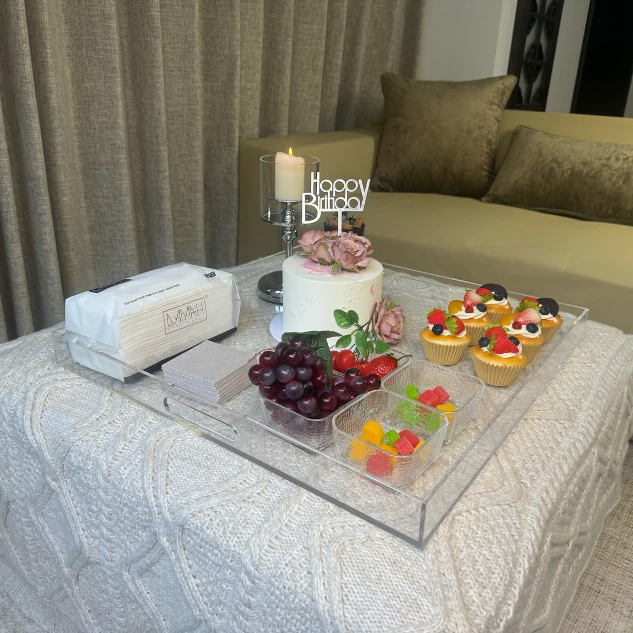 Atozone Extra Large Clear Modern Acrylic Ottoman Tray With Cutout Handles 22X22 Inch Over-Sized Serving Tray Organizer Boot Tray