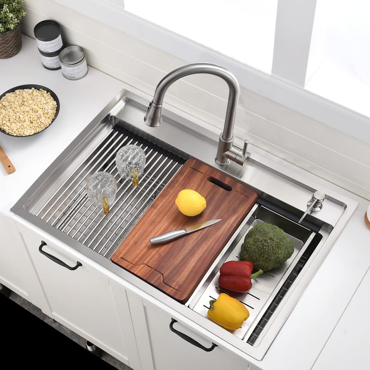 33 Inch Drop In Kitchen Sink Splash Guard Workstation - Vokim Single Bowl Kitchen Sink 16 Gauge Stainless Steel 10'' Deep Handma