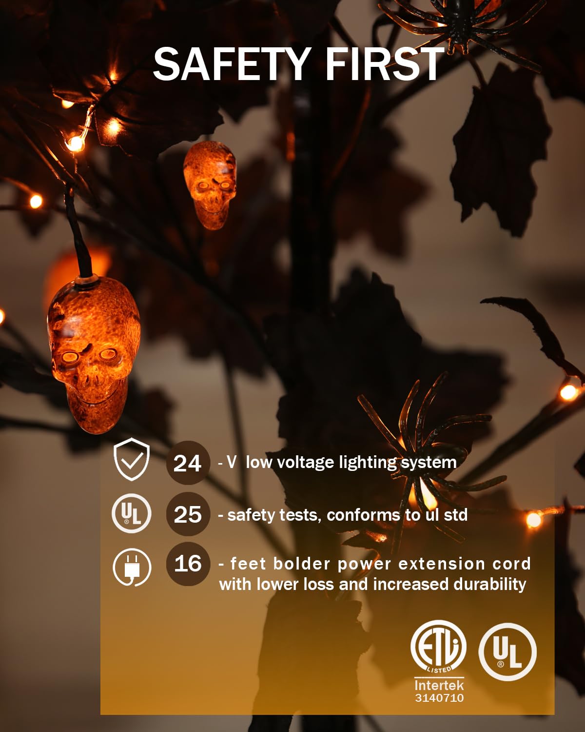 TYBEEU Halloween Decor Set: 4ft/5ft/6ft Black Maple Trees with 384 LED, 24 Skull Lights & Spiders - Indoor/Outdoor Waterproof -