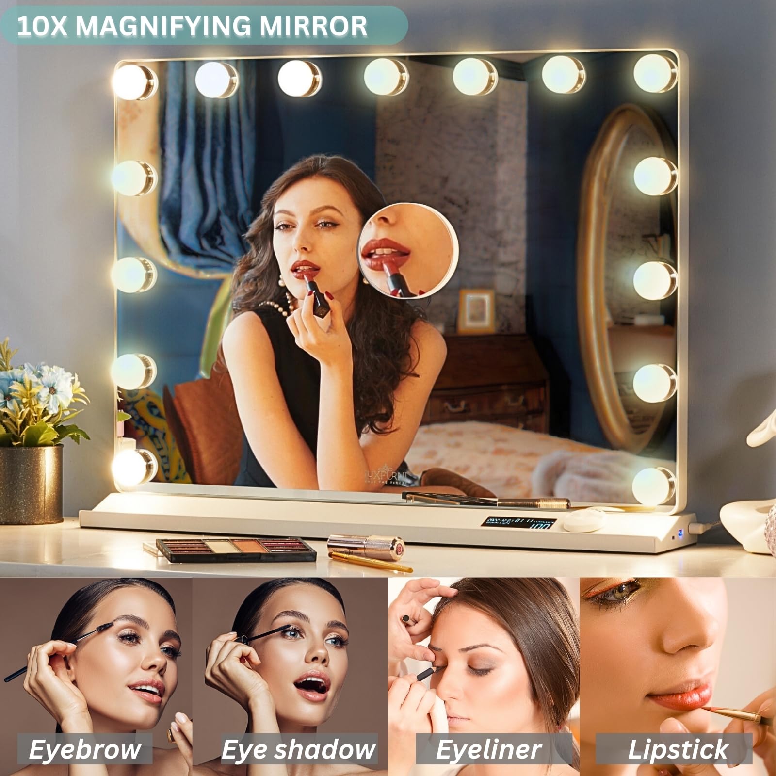 Luxfurni Vanity Mirror With Lights, Makeup Mirrors Hollywood Mirror With 15 Led Bulbs, 3 Colors Modes & Adjustable Brightness, 1