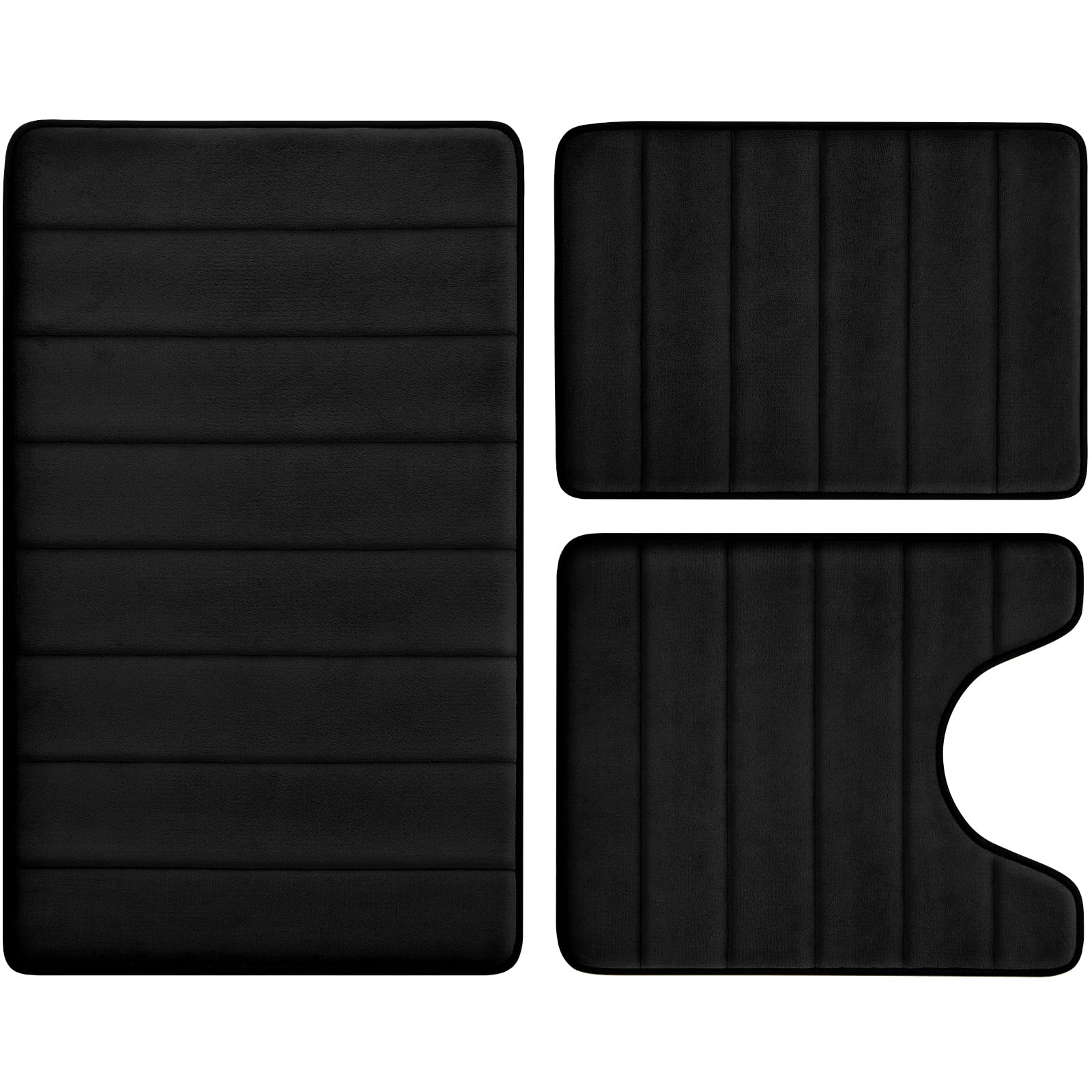 Bysure Black Memory Foam Rug Set 3 Piece Non Slip Extra Absorbent Shaggy Soft & Dry Bath Mat Sets For Bathroom Washable Carpets