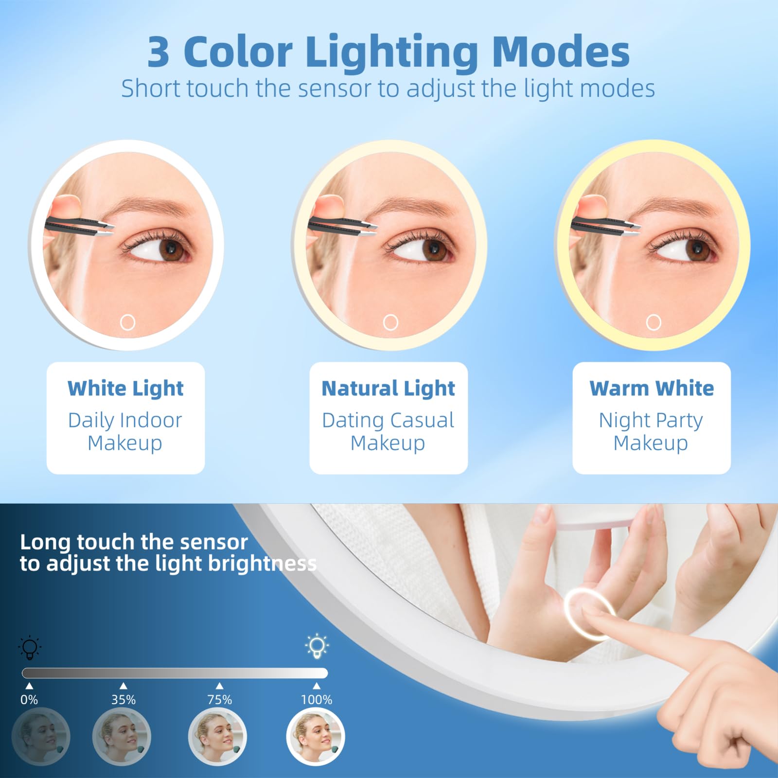 Magnifying Mirror With Light 10X, Makeup Magnifying Mirror With Suction Cups, 6'' Magnifying Mirror With 3 Color Lights Dimming