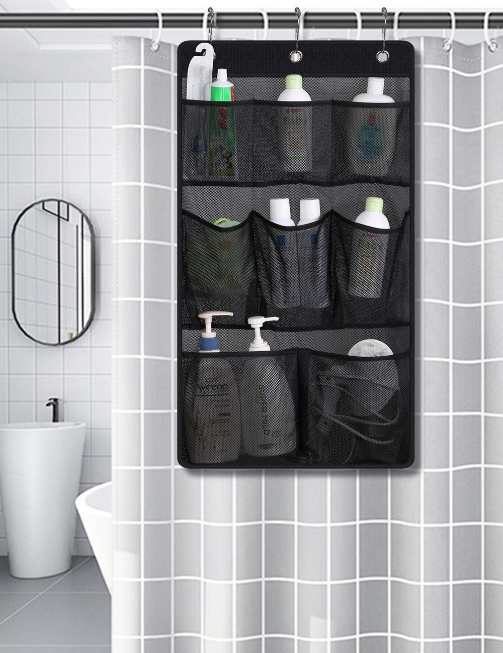 Kimbora Mesh Shower Caddy Hanging Bathroom Organizer Storage With 2 Large Pockets 3 Rings Hang Curtain Rod For Dorm Cruise Rv, B