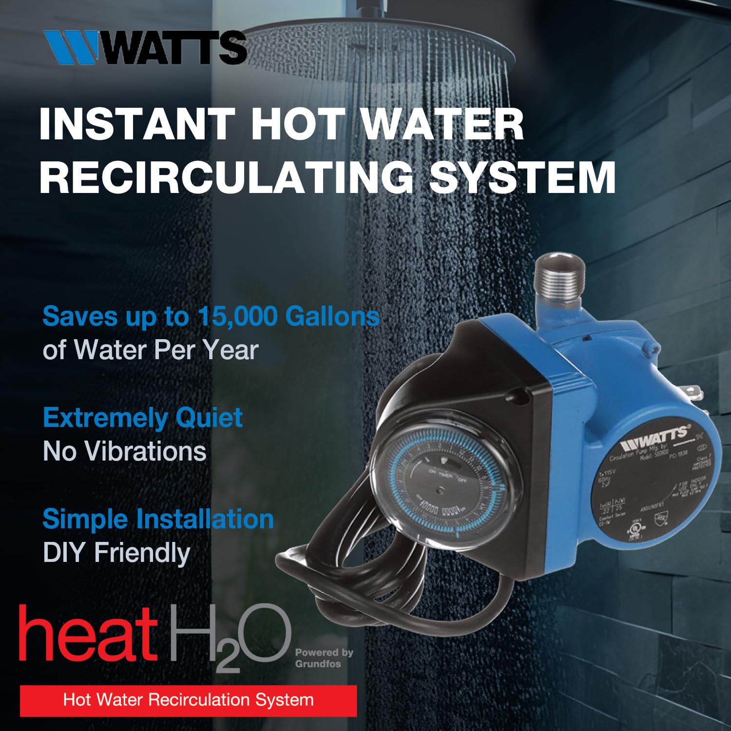 Watts Heat H2O Hot Water Recirculation System W/Programmable Timer, Instant Hot Water, 3 Year Warranty, Pump, 2 Adapters, Sensor