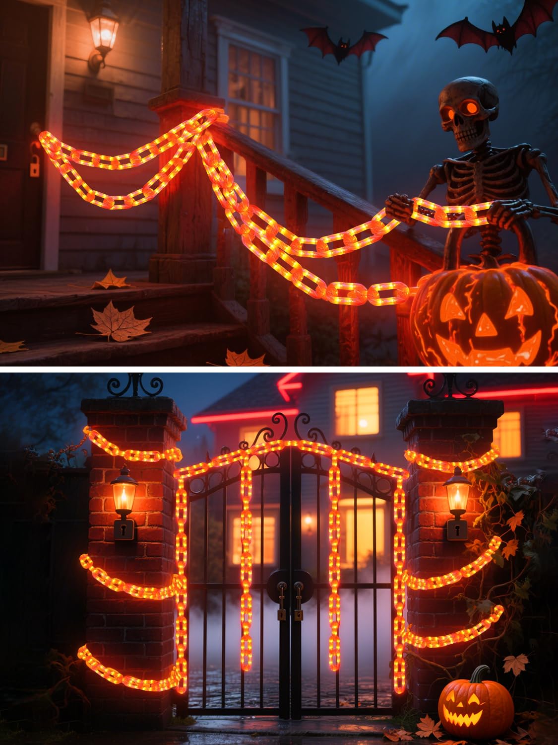 Halloween Chain Lights - 10 Ft 160 LED Orange Plastic Chains, Battery Operated Halloween Decorations with 8 Lighting Modes & Tim