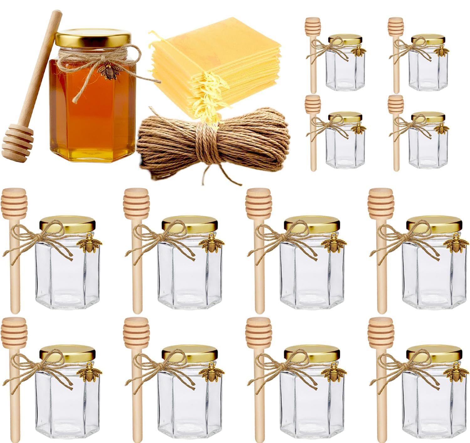 Adabocute 4oz Hexagonal Honey Jars - Glass Honey Jars with Gold Lids, Wooden Dippers, Bee Charms and Jutes - Hexagon Jars for Ba