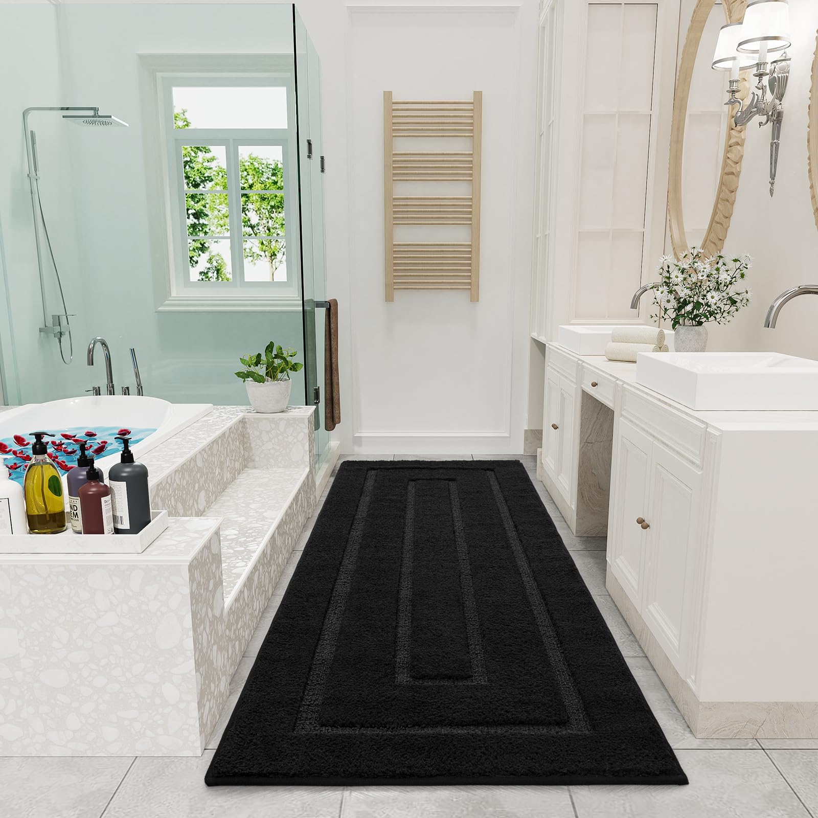 Homore Bathroom Runner Rugs 24 X 70 Non Slip Washable Long Bathroom Rug, Black Rugs For Bathroom Absorbent Bathroom Rug Runner W