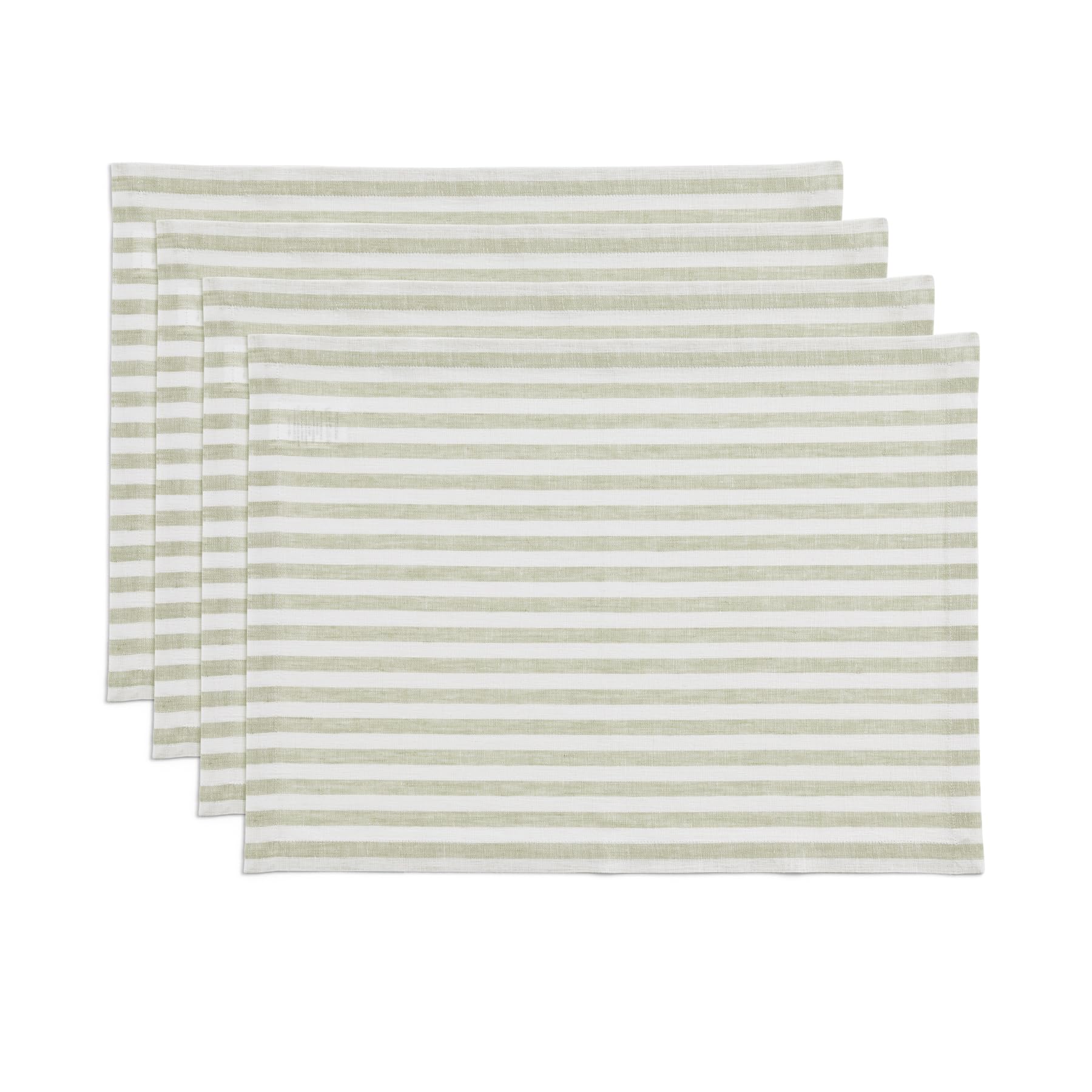 Solino Home Stripe Linen Placemats 19'' L X 14'' W Inch - 100% Pure Linen Sage And White Cloth Placemats Set Of 4 - Amalfi Strip