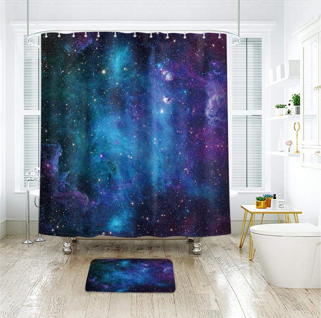 Riyidecor Fabric Galaxy Star Outer Space Shower Curtain For Bathroom Decor 72Wx72H Inch Starry Bathtub Set Men Boys Trippy Nebul
