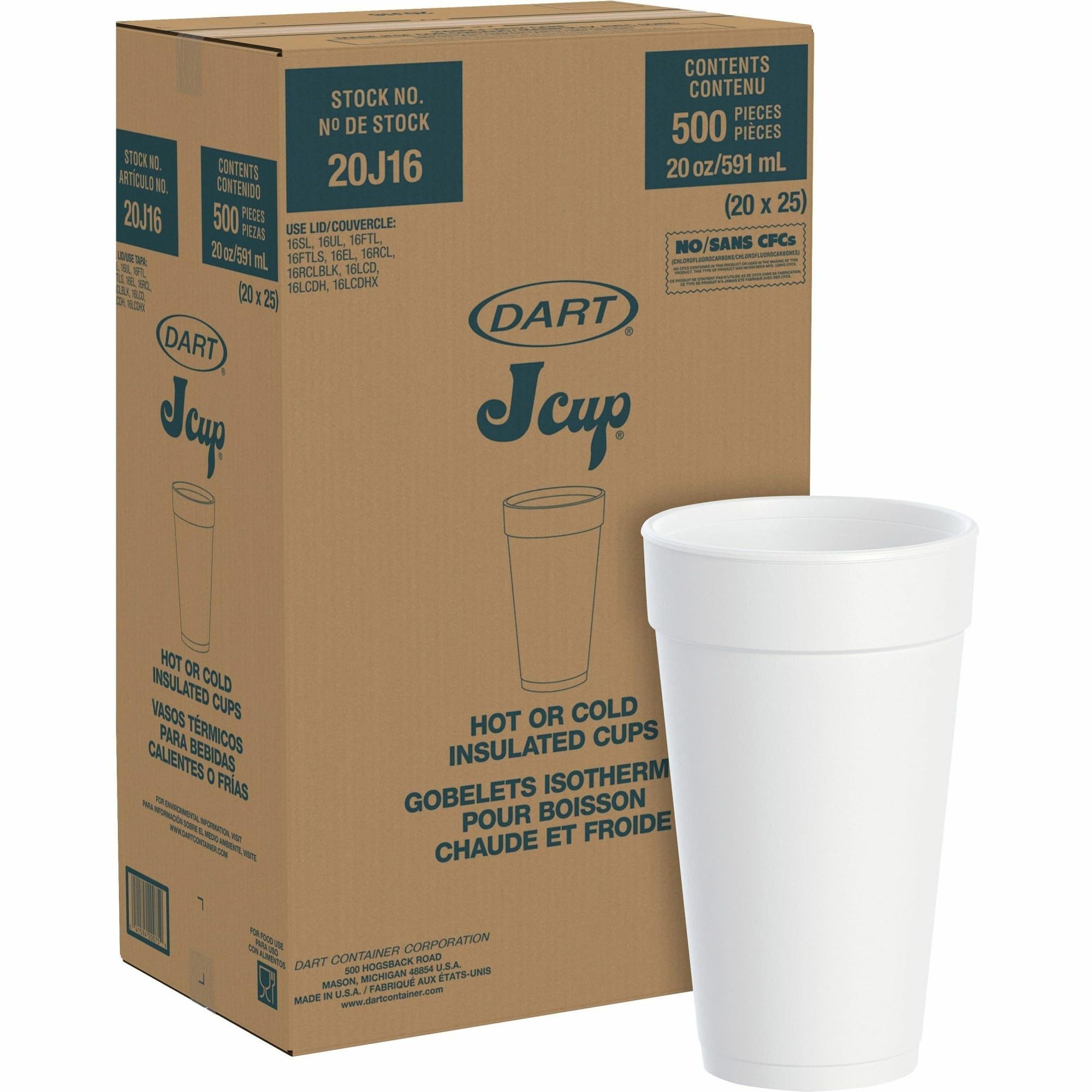 Dart 20J16 3.7'' Top And 2.4'' Bottom Diameter, 6.1'' Height, 20 Oz Big Drink Foam Cup (Case Of 500), White