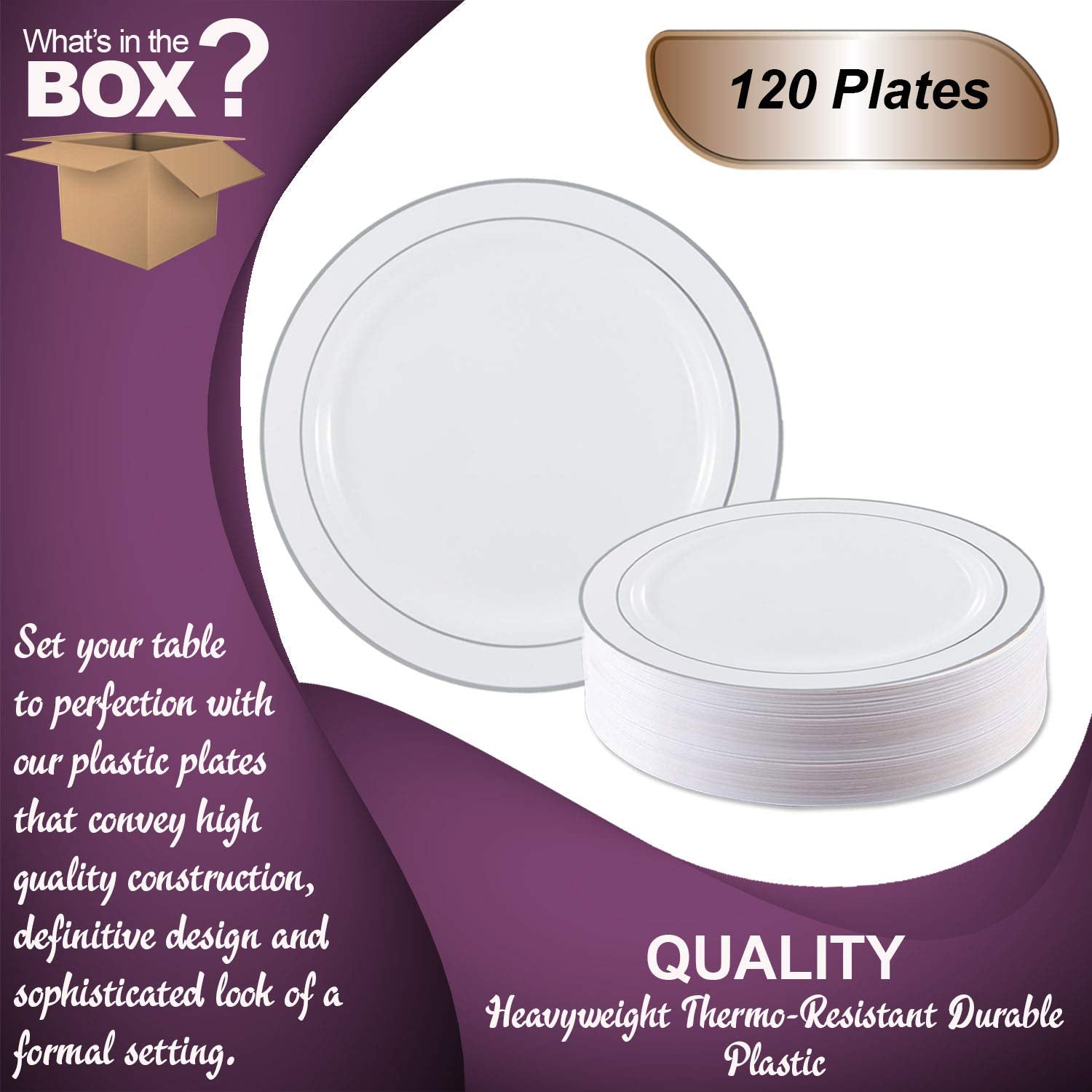 Elegant Disposable Plastic Dessert Plates 120 Pcs - 6'' Heavy Duty Fancy White Silver-Rimmed Appetizer Plates - Party Salad Cake