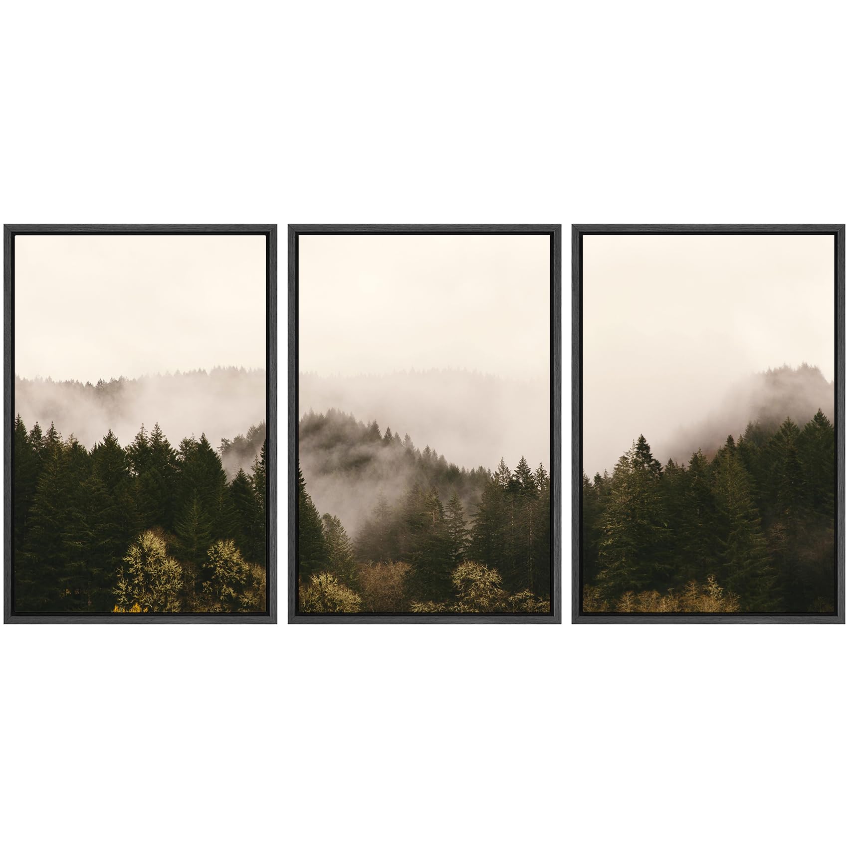 SIGNWIN 3 Piece Framed Canvas Wall Art Brown Foggy Mountains Nature Wilderness Photography Abstract Rustic Canvas Prints Home Artwork Decoration for Living Room Bedroom - 16 ''x24 ''x3 Panels