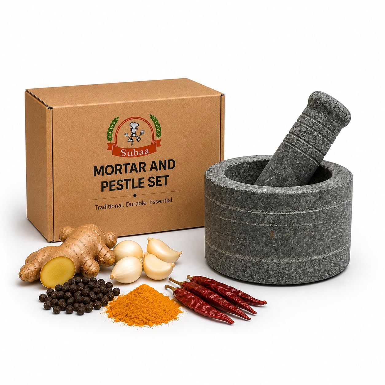 Subaa Granite Mortar and Pestle Set Kalvam for Grinding Whole Spices4 inch