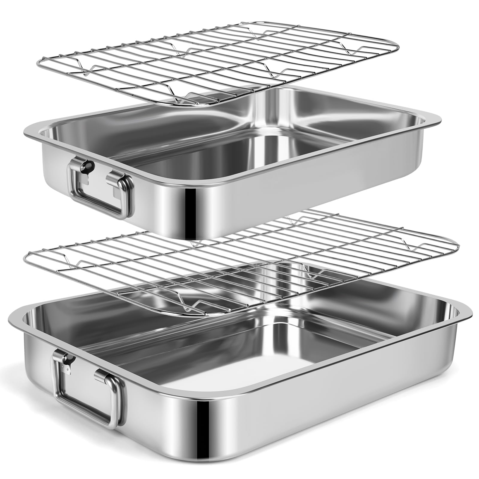 12.715.5 Stainless Steel Roasting Pans with Handles, Baking Pan for Oven with 2 Pcs Flat Racks, Heavy Duty, Dishwasher Safe Re