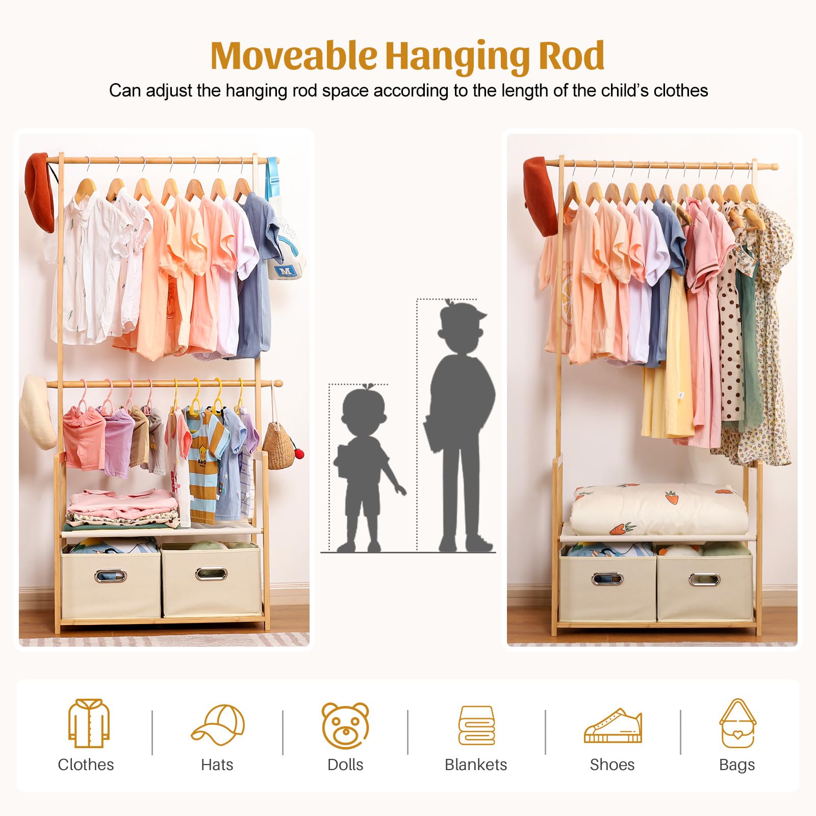 Vilaxing Kids Clothing Rack Bamboo With 2 Storage Baskets And 2 Adjustable Hanging Rods,Child Garment Rack,Dress Up Rack For Pla