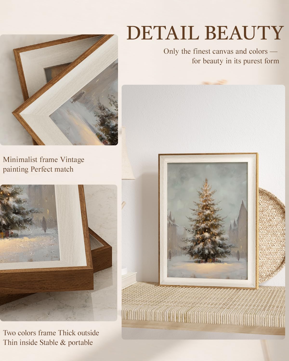 VIYYIEA Winter Framed Wall Art for Living Room, Downtown Christmas Tree Canvas Prints, Oil Painting Home Decor, Christmas Pictur