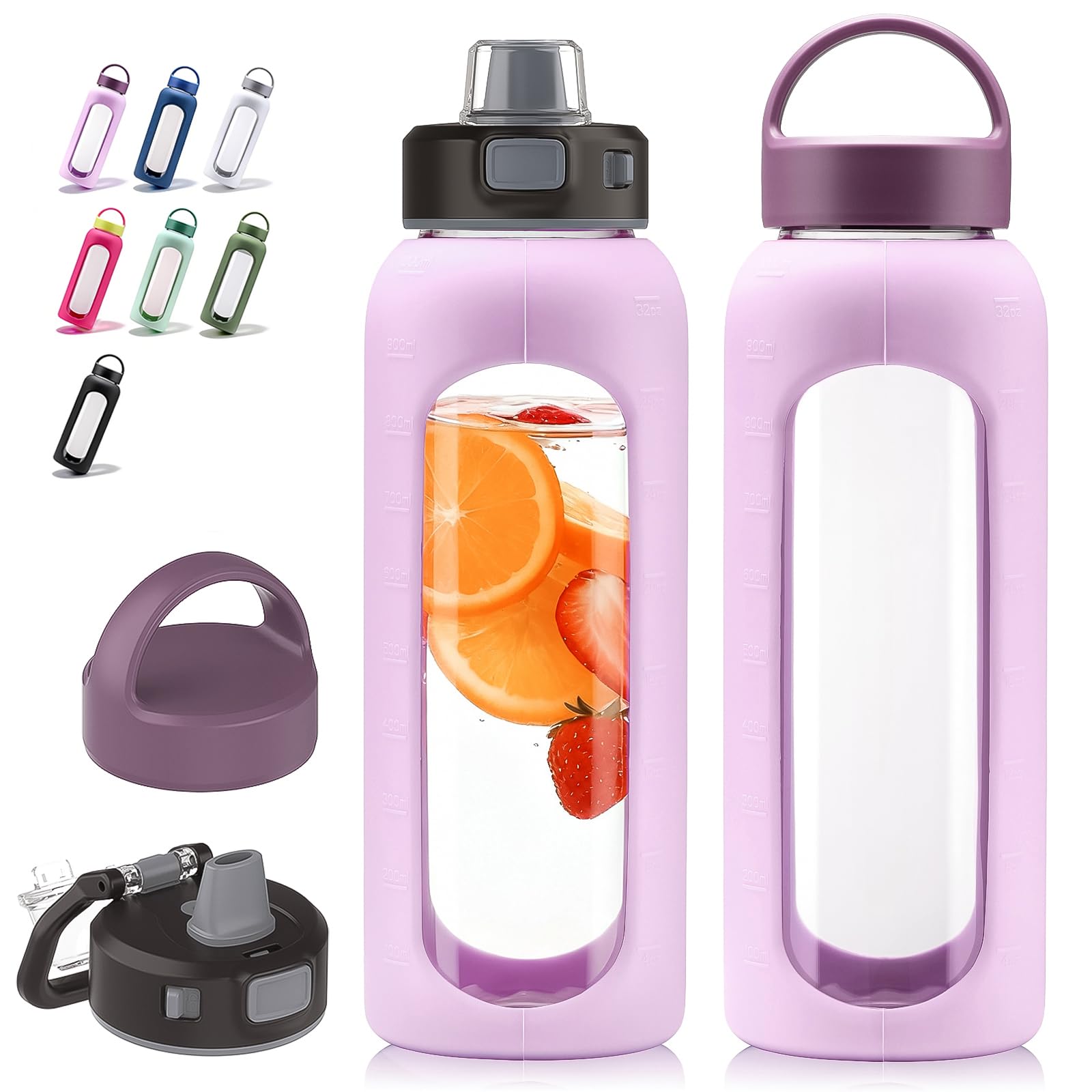 Kodrine Glass Water Bottle 32 oz-Light Purple/Borosilicate Glass Motivational Water Bottle with Straw and 2 Lids,Silicone Sleeve