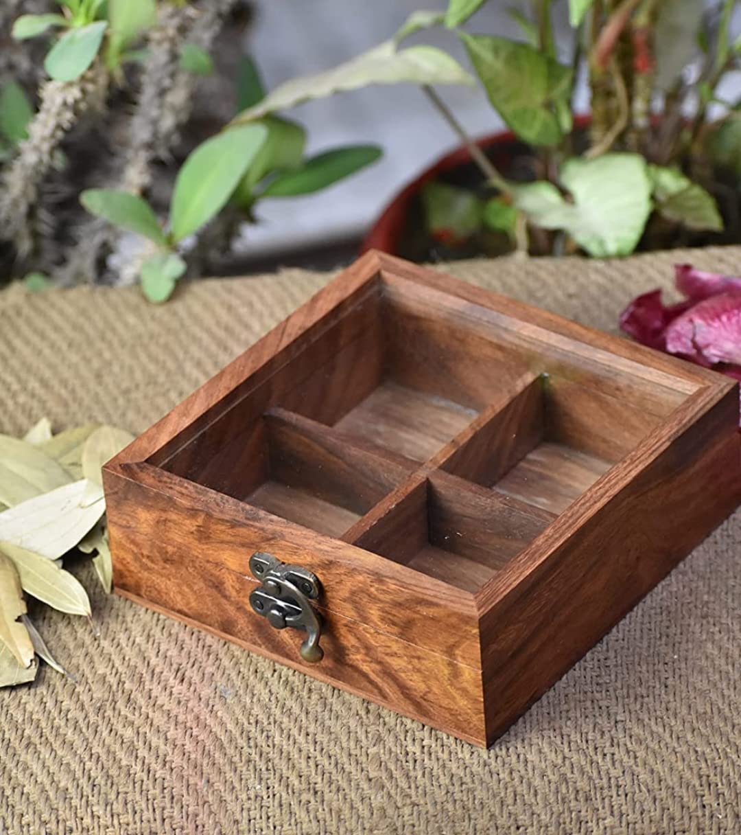 Karaft Wila Wooden Spice Box For Spice Storage  Wooden Masala Dabba For Kitchen  Masala Dabba With 4 Square Box With Wooden Sp