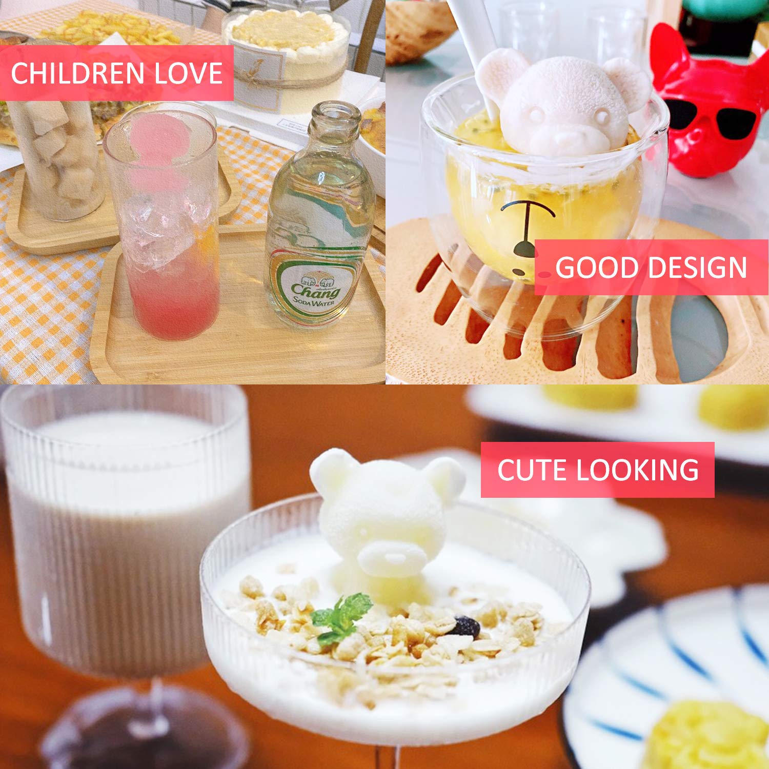 Whaline 2Pcs 3D Teddy Bear Ice Silicone Molds Ice Cube Trays Mold Silicone Animal Mold Soap Candle Mold Ice Cube For Coffee Milk