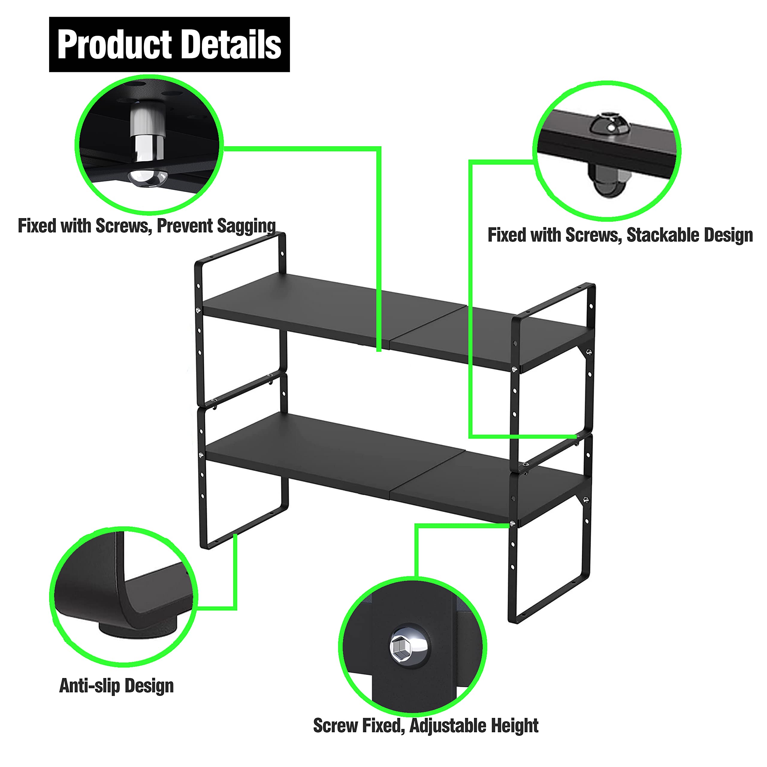 LOCVCDA Expandable Kitchen Cabinet Storage Shelf, Stackable Metal Pantry Storage Shelves Organizer, Adjustable Height Counter Sp