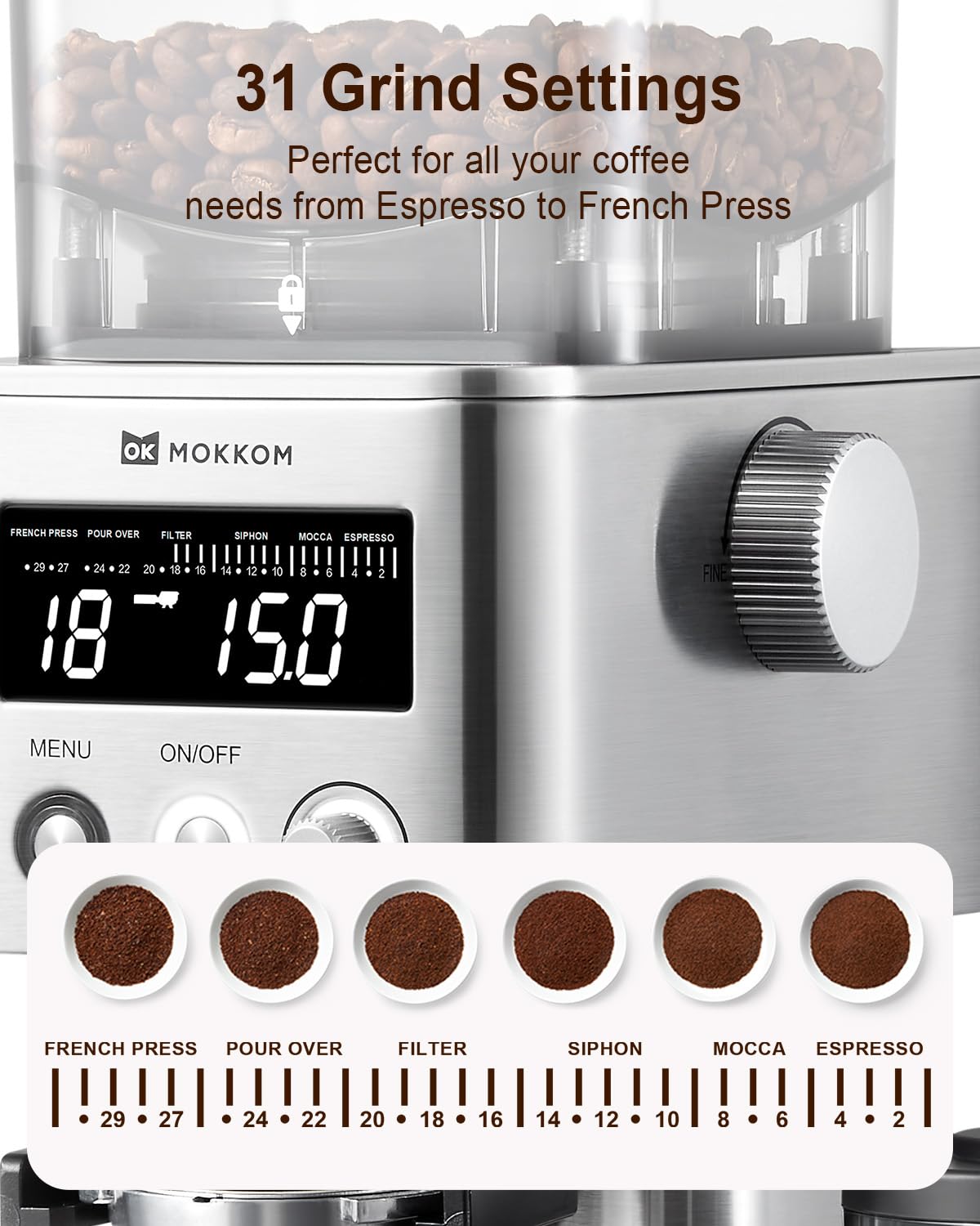 Mokkom Coffee Grinder, Anti-Static Conical Burr Coffee Bean Grinder, Adjustable Electric Burr Mill With 31 Precise Settings For
