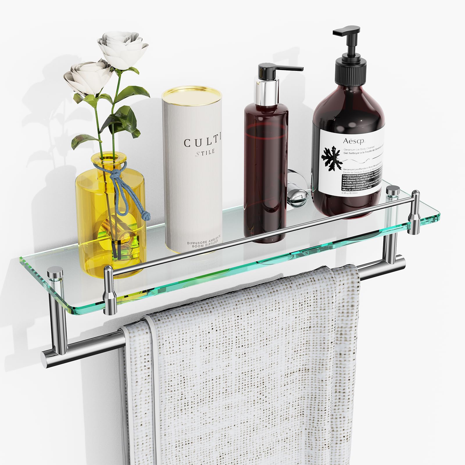 KOCOK 16 Inch Bathroom Glass Shelf with Towel Bar, Chrome Polished Glass Bathroom Shelf with Towel Rack Modern Stainless Steel T