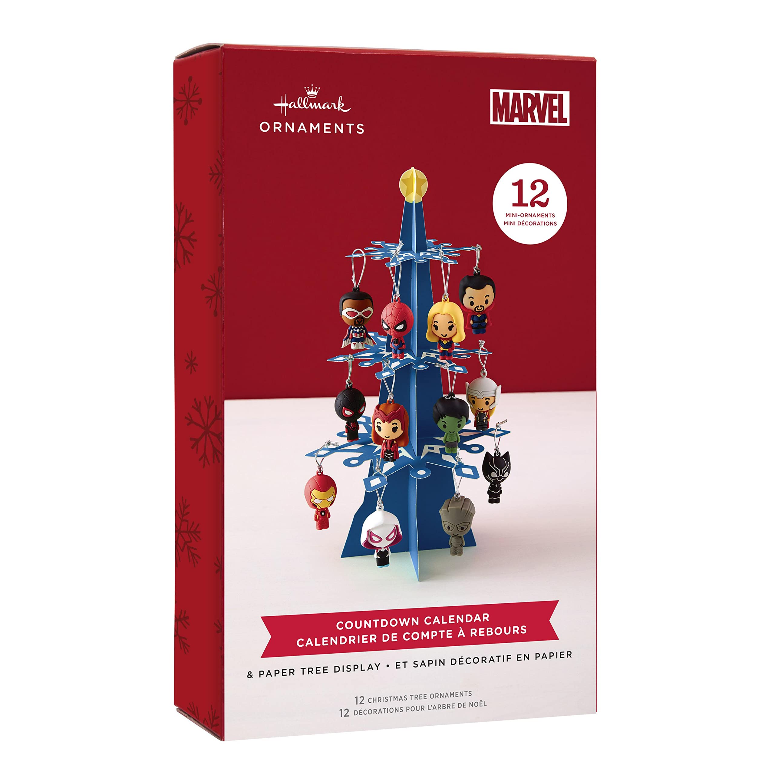Hallmark Marvel Countdown Calendar Miniature Christmas Tree Set With 12 Mini Ornaments, Plastic