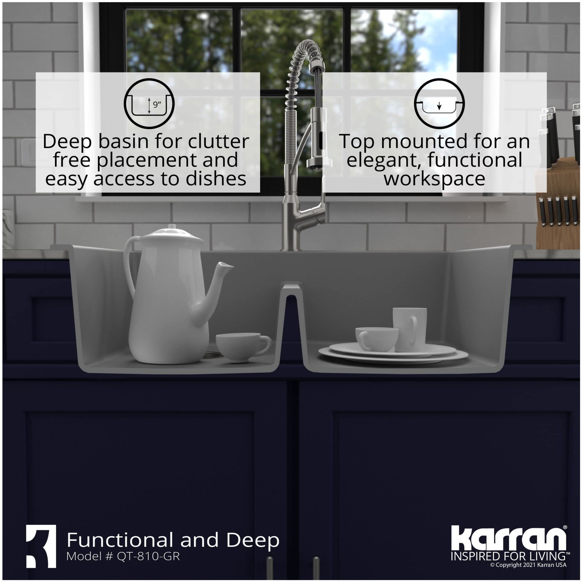 Karran Qt-810 33'' Top Mount Double Equal Bowl Quartz Kitchen Sink In White