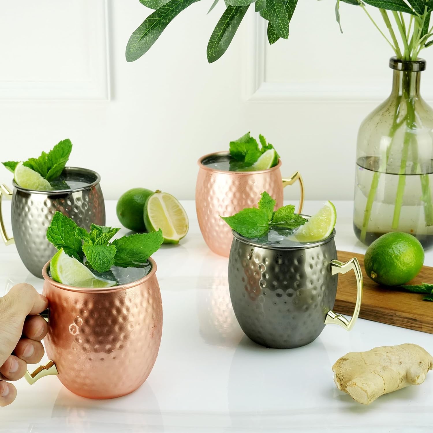 Arora Moscow Mule Mug, Set Of 4 Copper Hammered, Durable For Home Dining, Max Capacity 20Oz, 3.7'' D X 3.9'' H