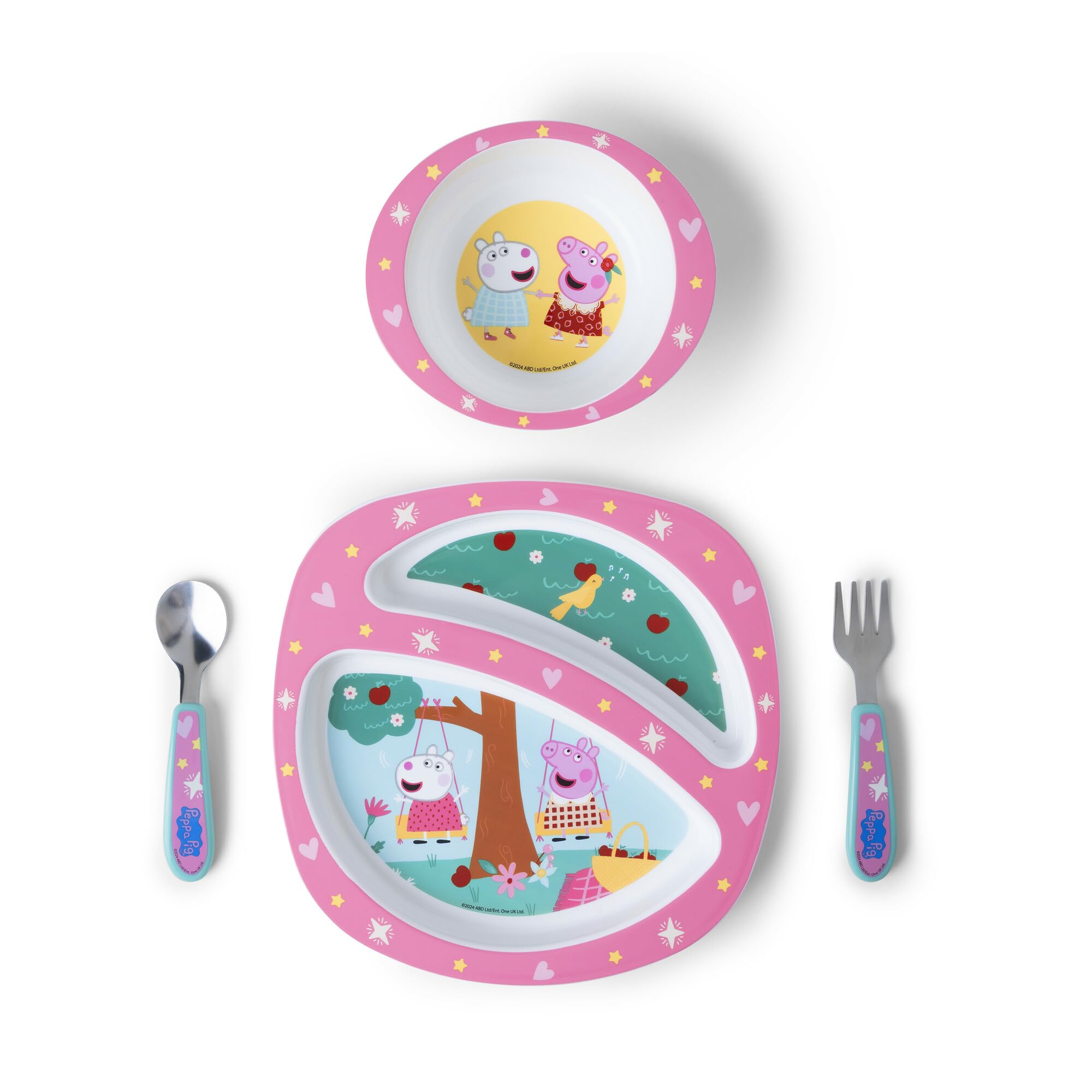 The First Years Peppa Pig Toddler Dinnerware Set - Includes Toddler Plate, Divided Bowl, and Toddler Utensils - Dishwasher Safe