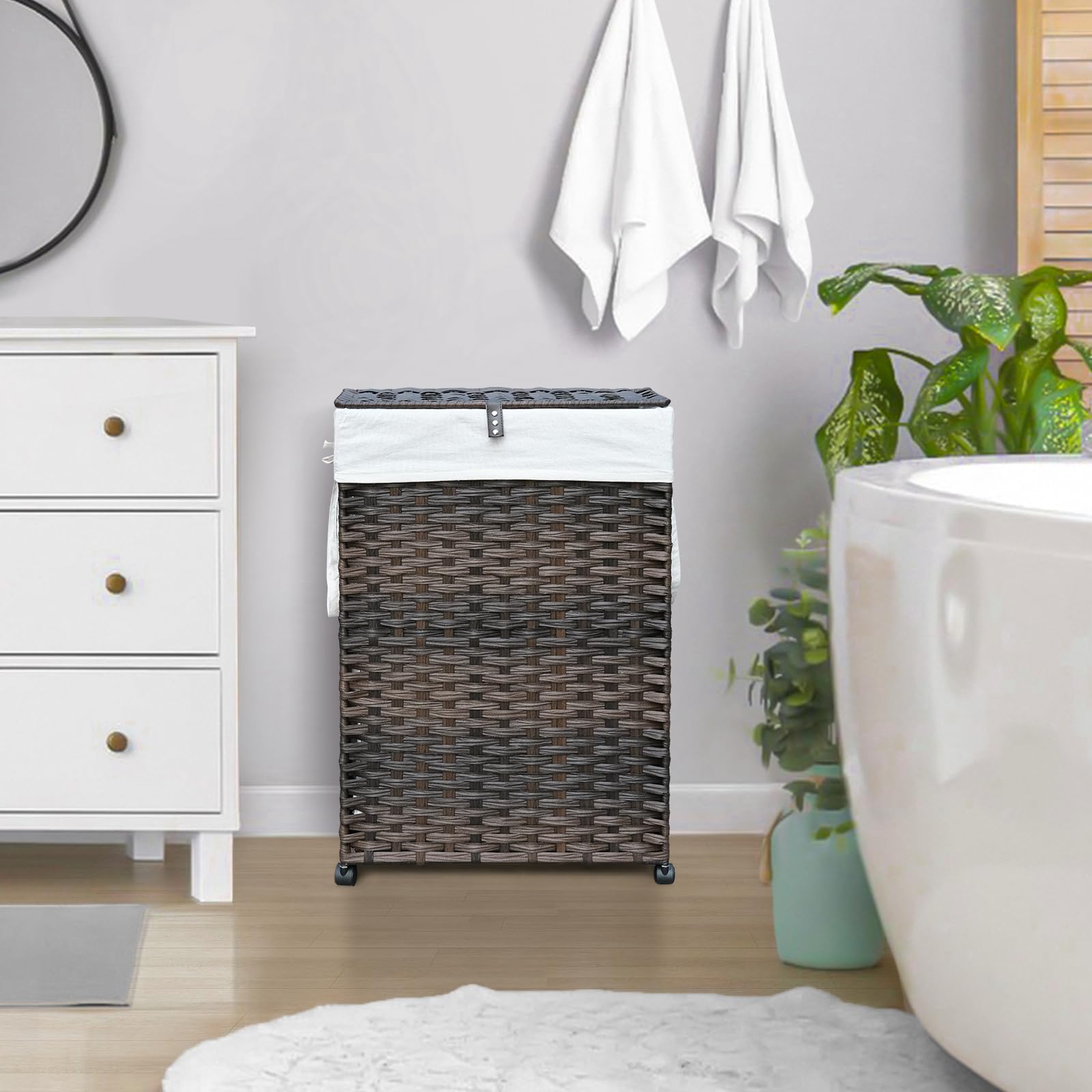 70L Slim Laundry Hamper With Lid & Wheels, 2-Park Rolling Laundry Basket With 4 Removable Liner Bags & 3 Mesh Bags, Narrow Dirty