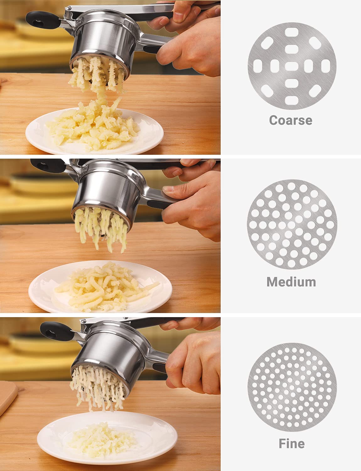 Willizter Potato Ricer, Stainless Steel Potato Ricer Fruit And Vegetables Masher Food Ricer Large Capacity With 3 Interchangeabl