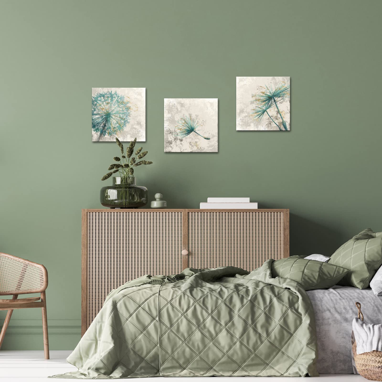 3 Pieces Teal Dandelion Canvas Wall Art Abstract Neutral Green Blowing Flower On Rustic Wood Background Framed Artwork For Bedro