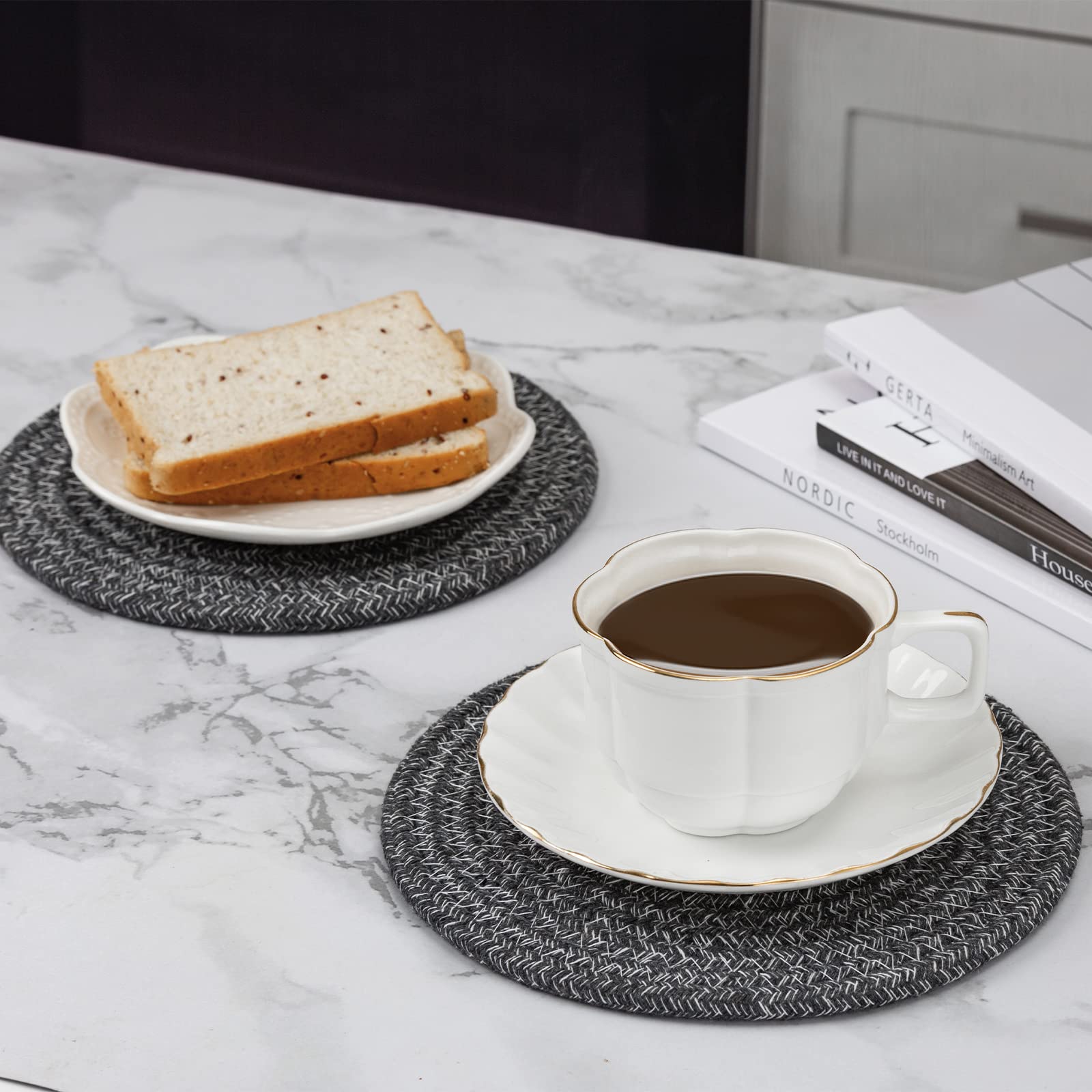Dakartoon Cotton Trivets for Hot Dishes, 5 Pcs 8" Heat Resistant Mats, Deep Grey, Kitchen Essentials, Model KT102BRO