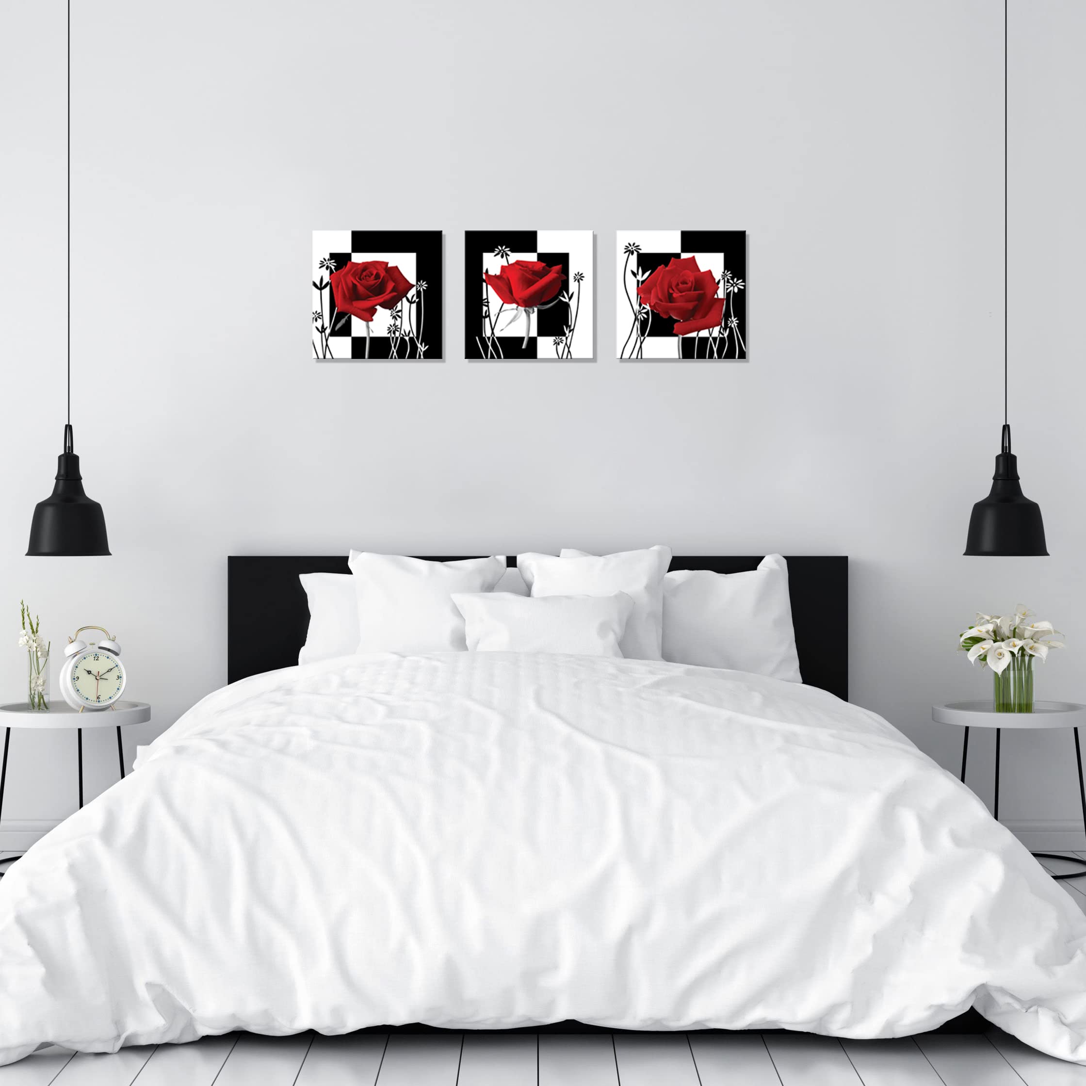 Nan Wind 3 Pc Red Rose Wall Decor Black And White Red Rose Pictures For Wall Canvas Art Red Bedroom Decor Red Wall Art Flower Pi