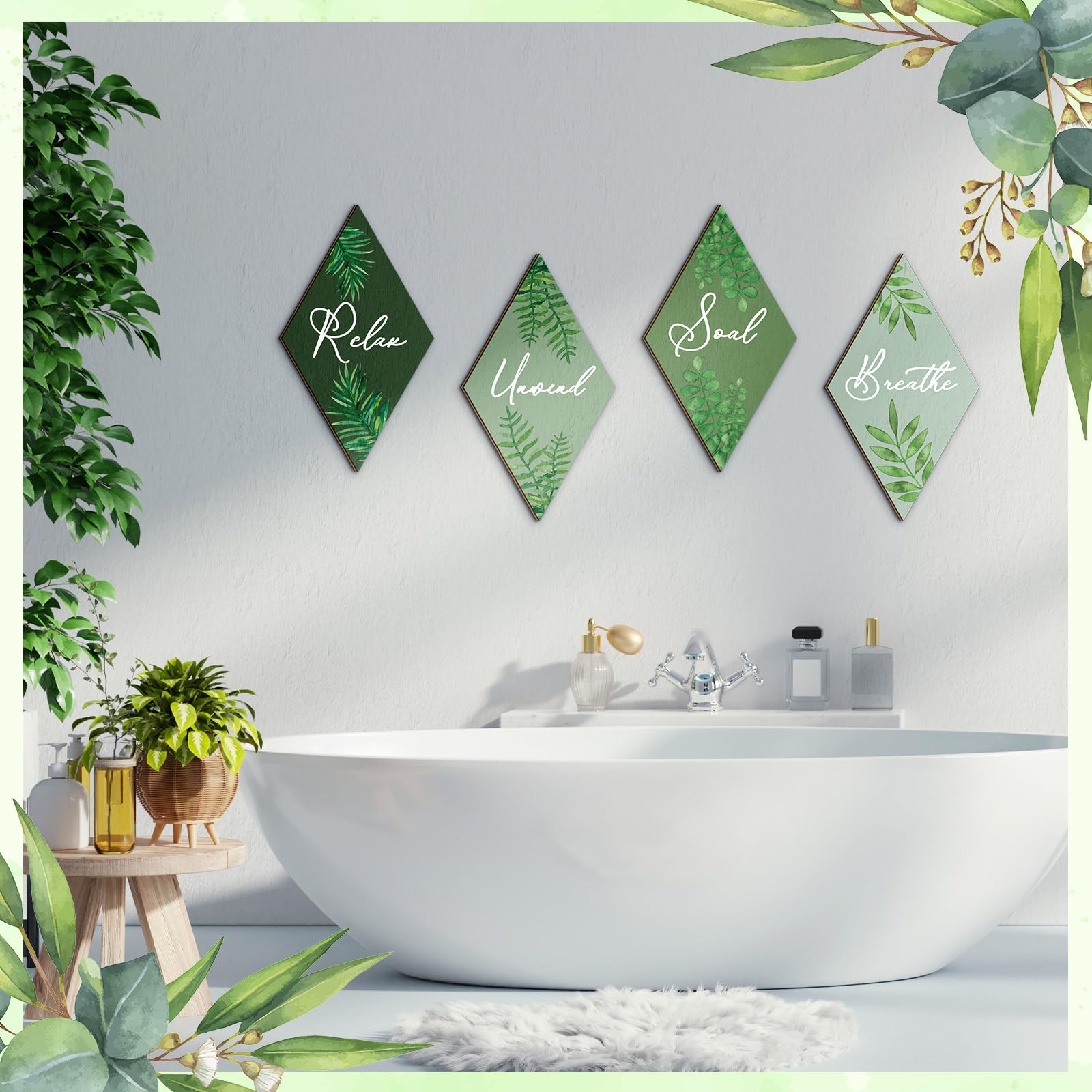 Jetec 4 Pcs Bathroom Decor Wall Art Relax Soak Unwind Breathe Wooden Sign Hanging Bathroom Decor for Bedroom Living Room Office