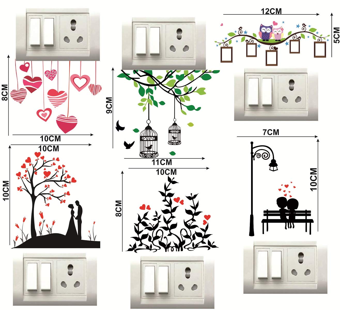 Decor Villa Love Heart Switch Board Sticker Floral Stickers Wall Stickers Light Switch Standard, Multicolour - Pack Of 1 (6 Stic