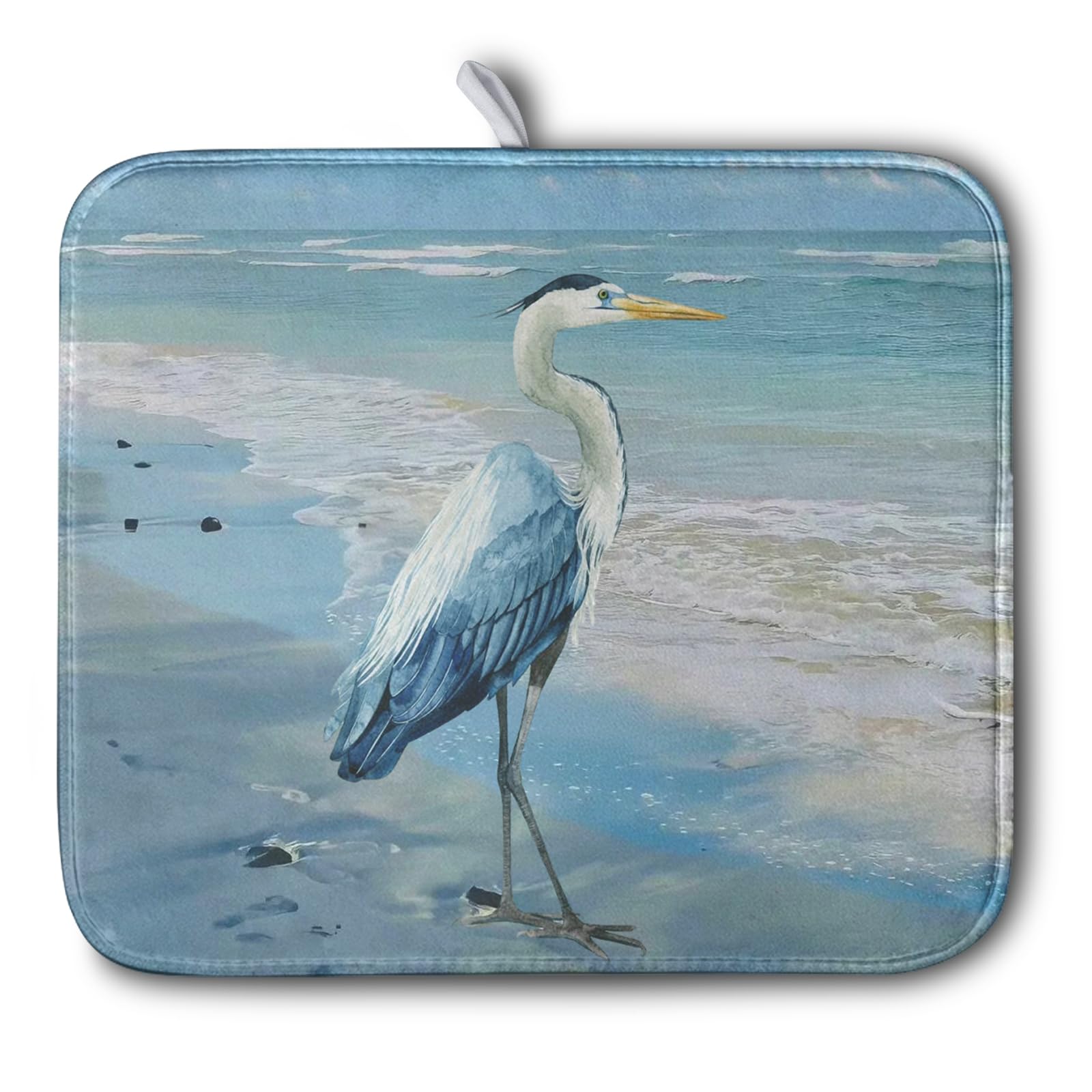 Kwlegh Summer Blue Dish Drying Mat for Kitchen Counter 16x18 Inch Heron Coastal Beach Drying Mats Nautical Ocean Bird Dishes Dra