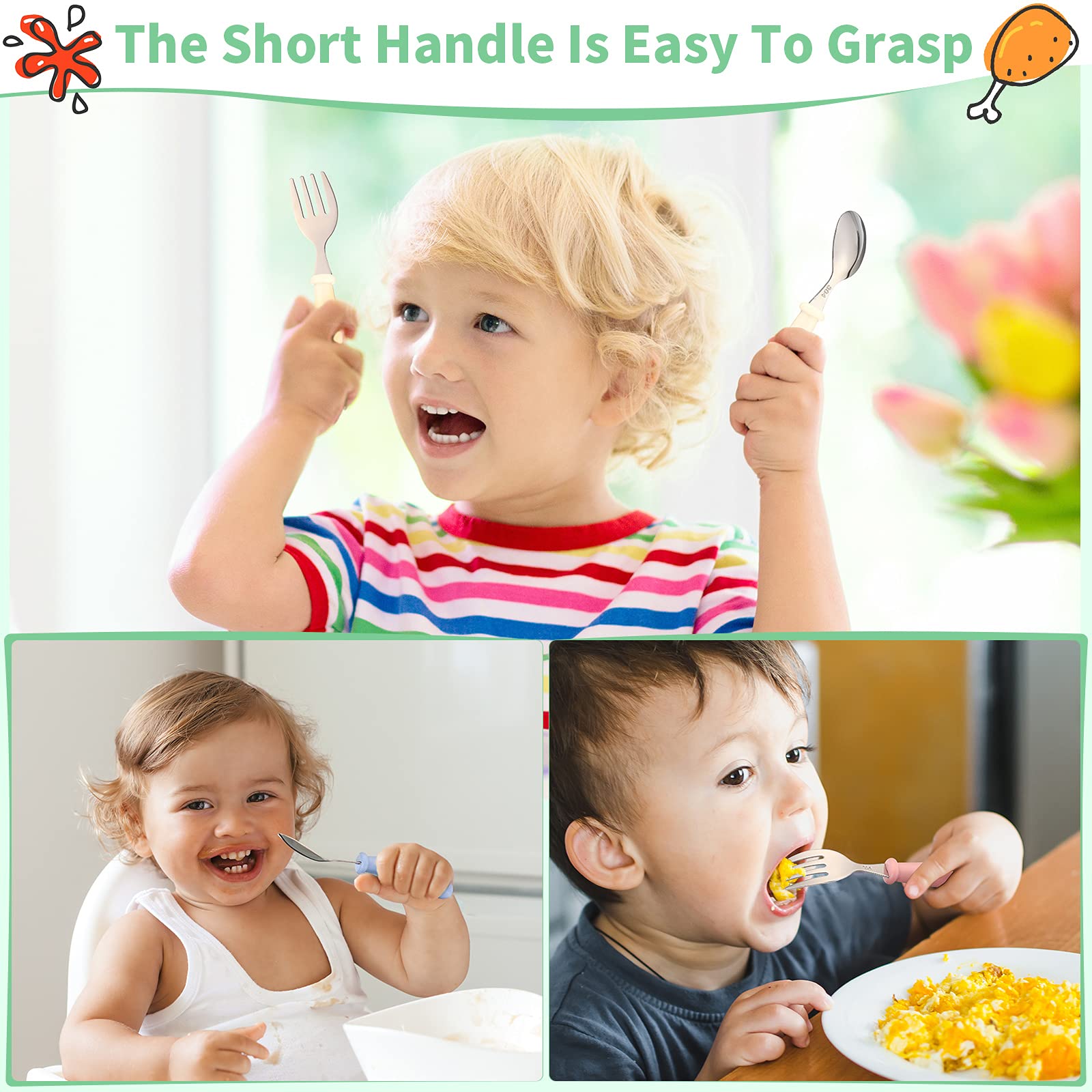 9 Pieces Toddler Utensils Stainless Steel Fork and Spoon Safe Baby Silverware Set, Kid Safe Utensils Children's Flatware Kids Cu