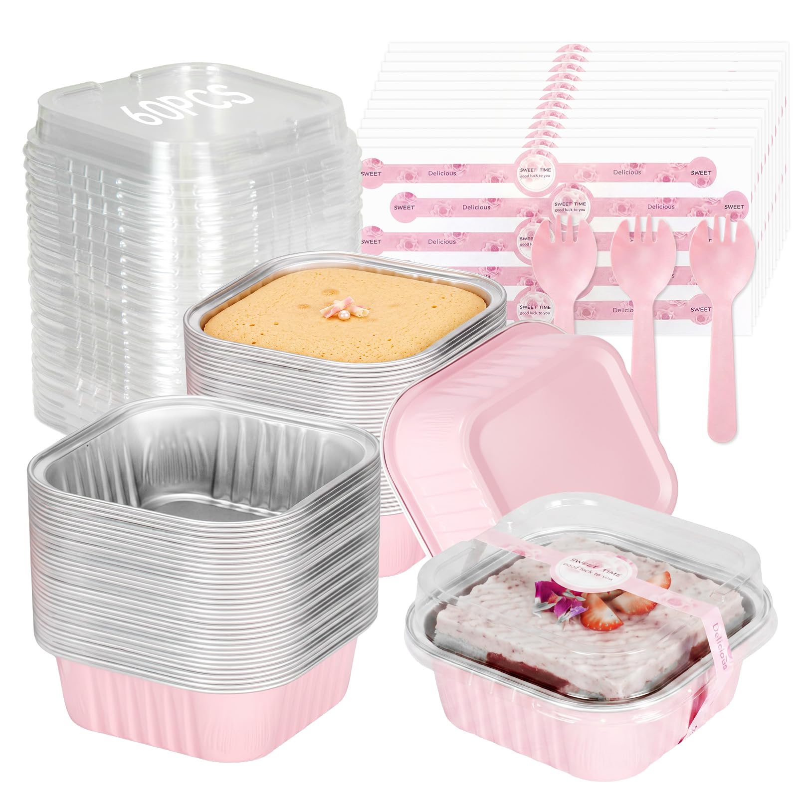 Mini Cake Pans with Lids, Aluminum Foil Cupcake Baking Cups  10oz 60 Pack