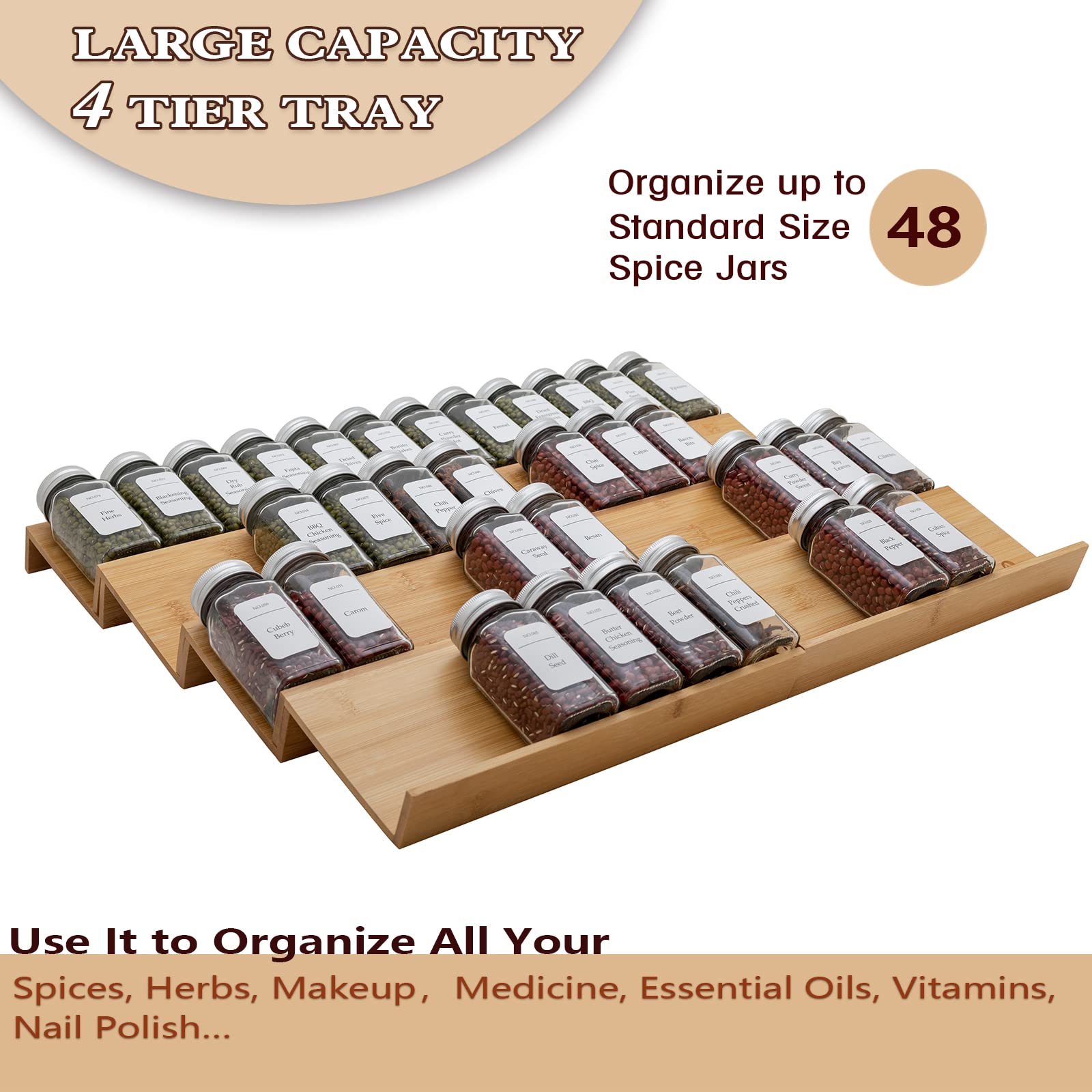 Angimio Bamboo Spice Rack Drawer Organizer - 8 Pieces Set- 11'' Wide Per Piece - Combine Pieces Into 22'' Wide Rack (11'' or 22'