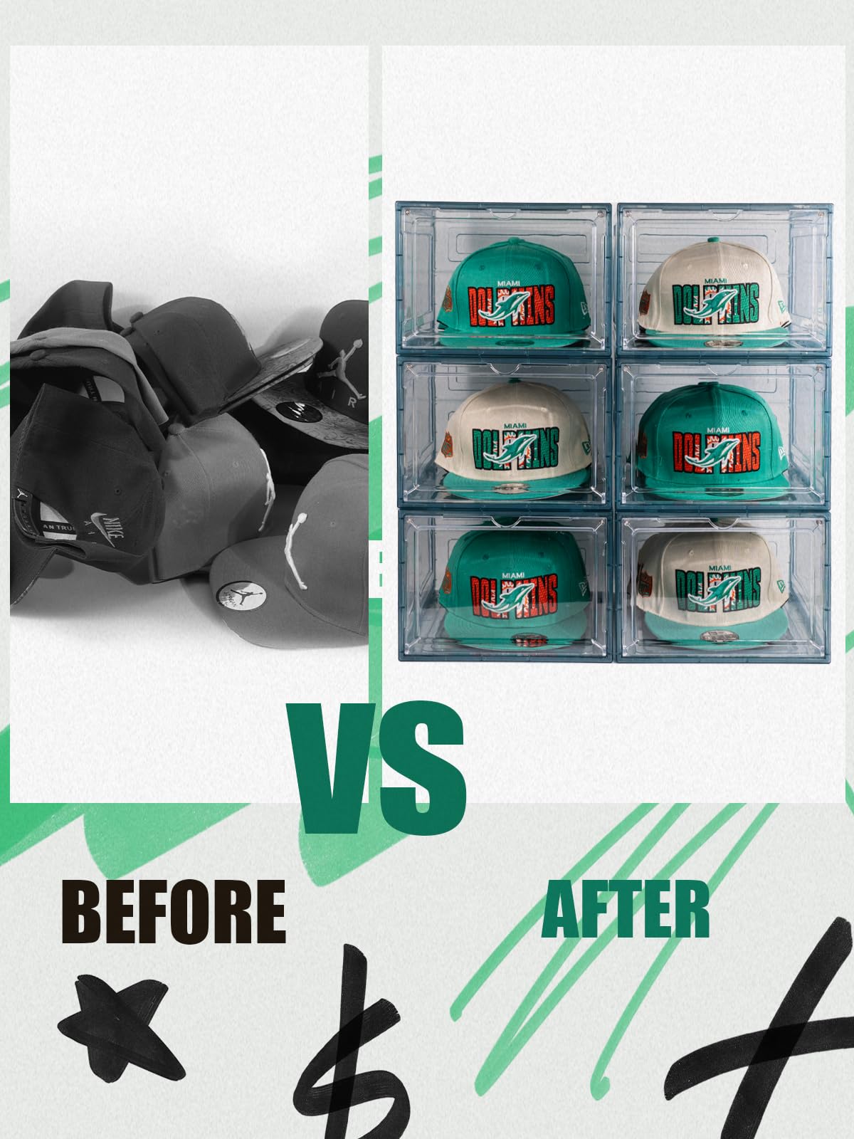 SCAVATA Hat Organizer Box - Stackable Clear Baseball Cap Storage, Holds 8 Hats, Magnetic Door, Blue