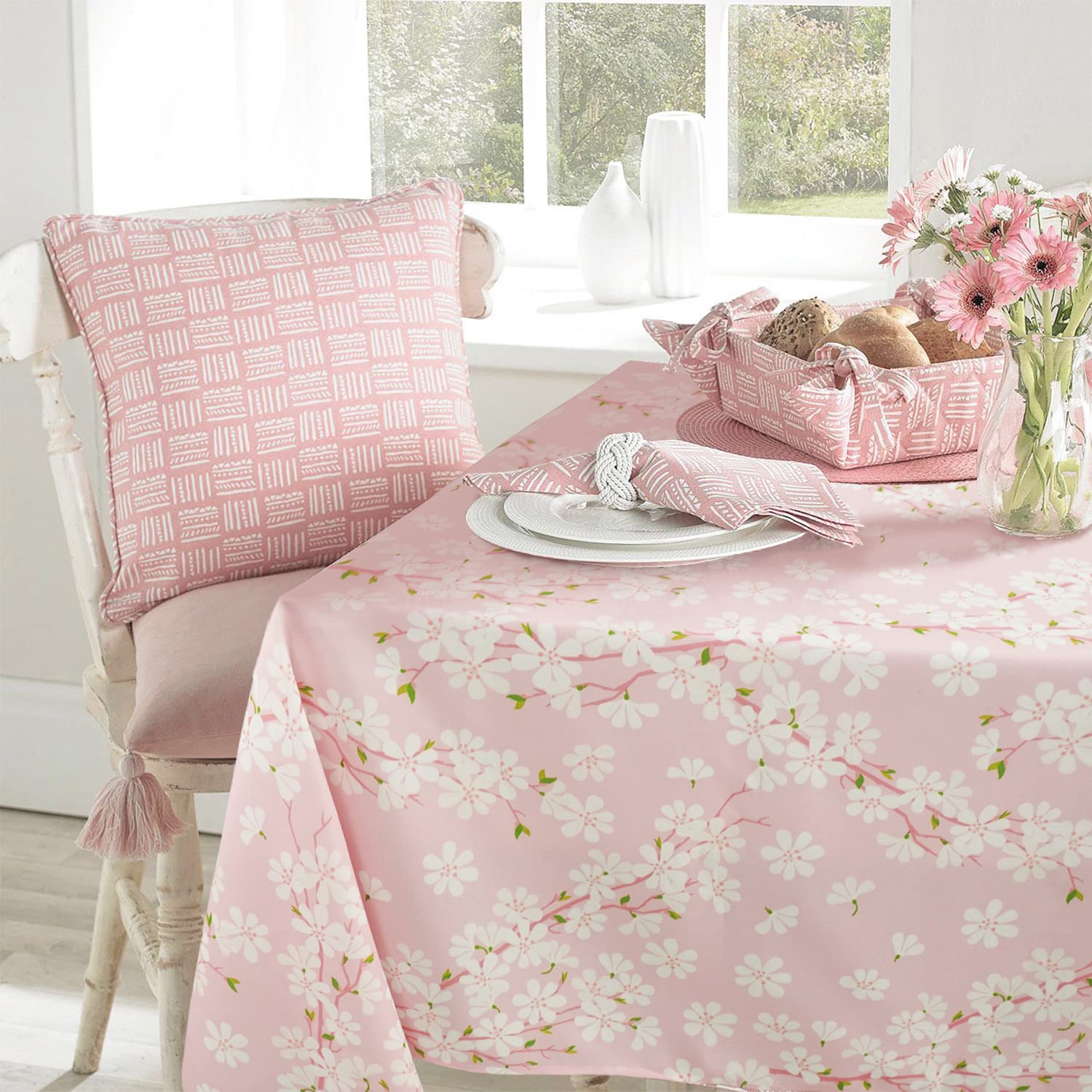 Bnejvif Pink Sakura Tablecloth, Floral Rectangle Tablecloth, Pink Flowers Print Rectangle Table Cloth, Spring Summer Waterproof