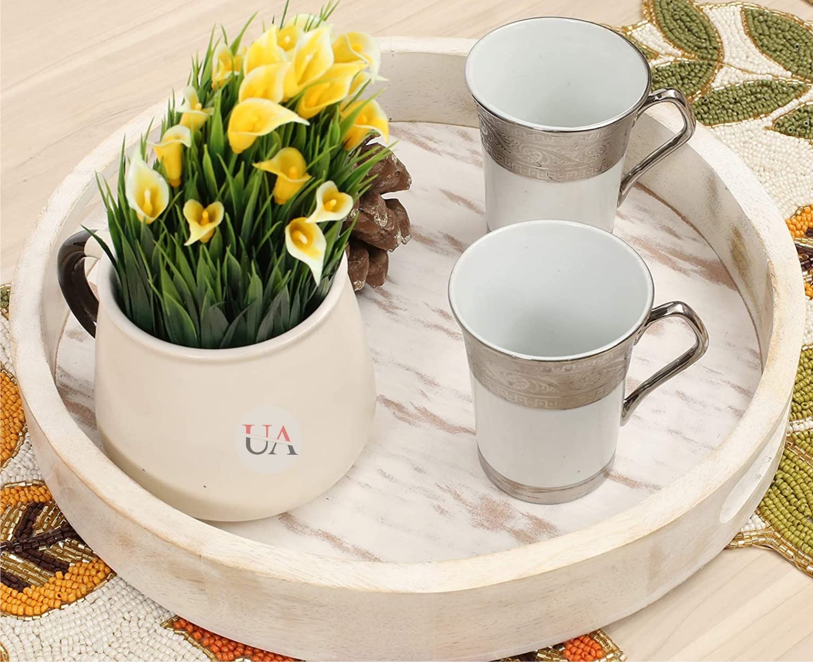 Hamdan Collection Solid Wood Round Tray W/Handles, Tea & Coffee Table Decorative Serving Tray Food Storage Platters For Serving 