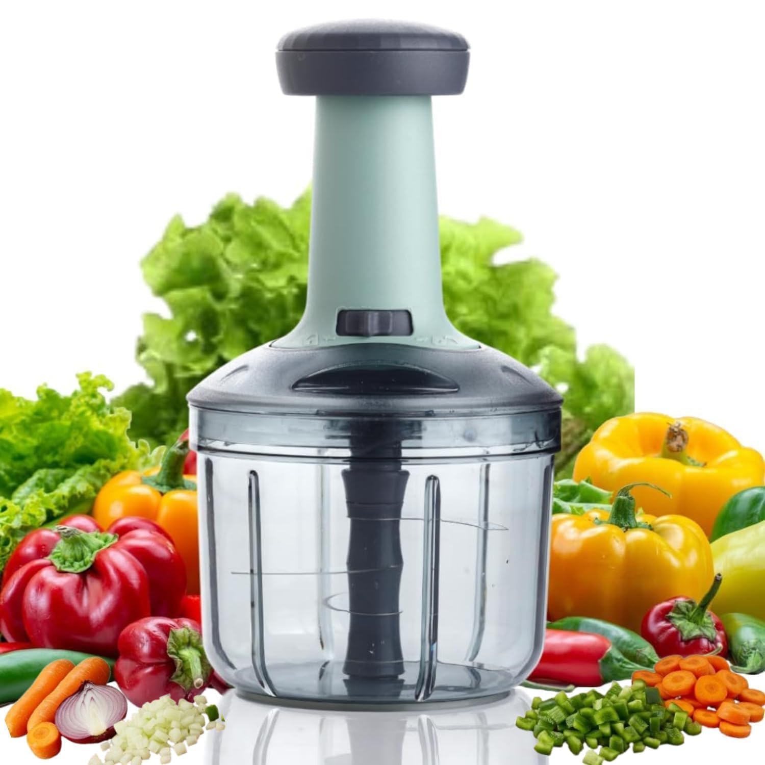 Manual Push Chopper With 6 Blades, 1100 Ml, For Vegetables, Onion, Garlic, Ginger, Salad, Multicolour
