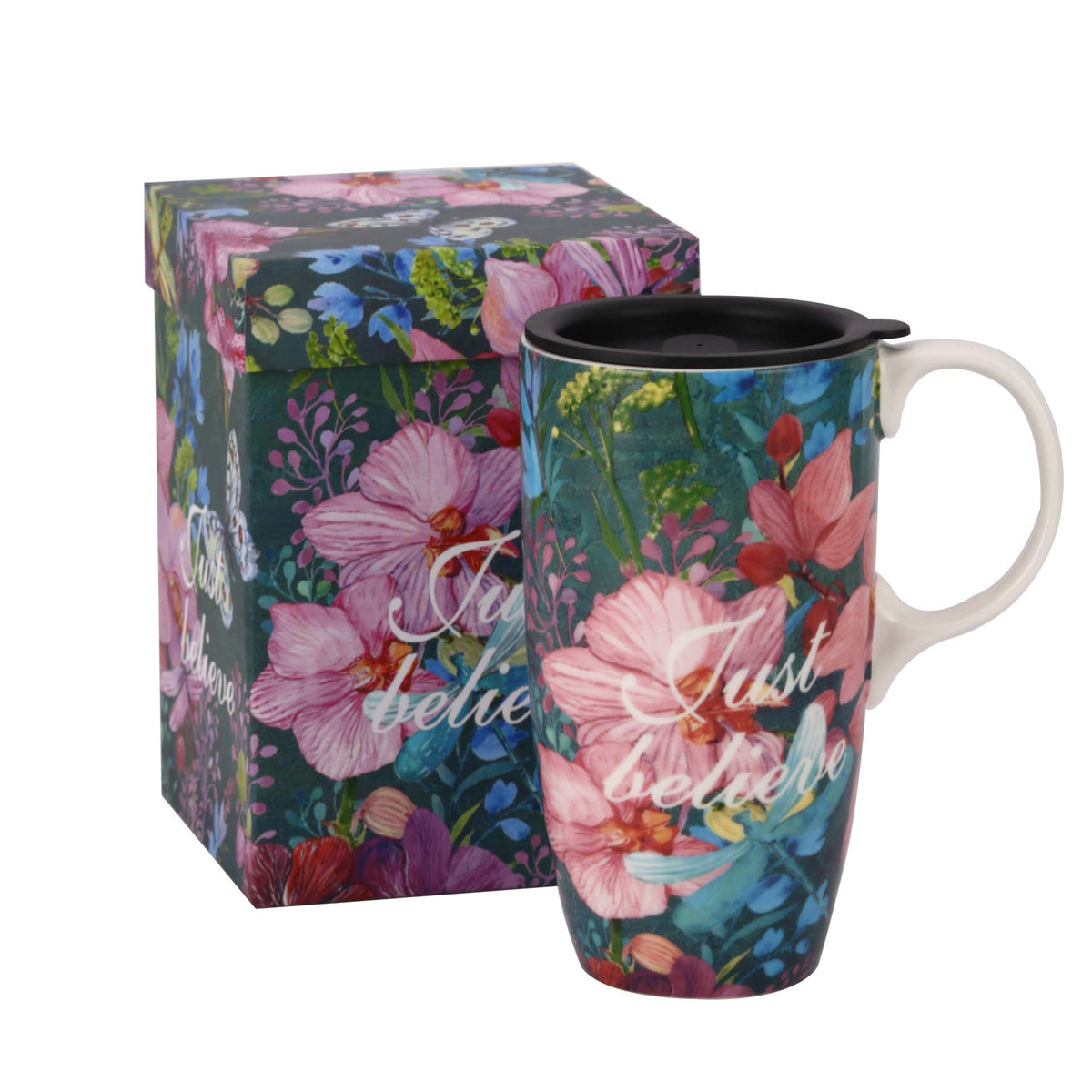 Topadorn Ceramic Coffee Cup Tall Ceramic Mug 17 oz. with Lid and Color Box. Just Believe