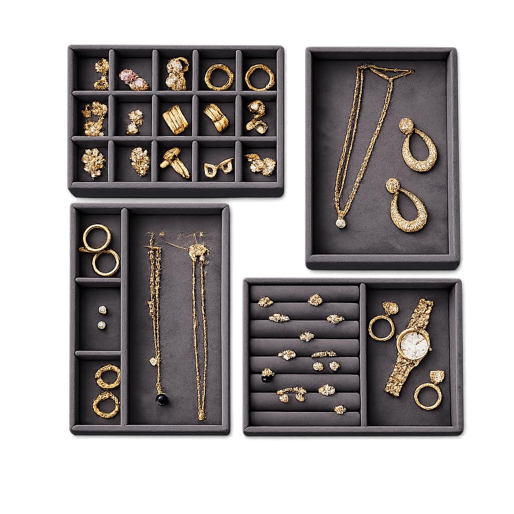 The Big Trove Velvet Jewellery Tray Set Of 4 For Drawers And Wardrobe, Grey