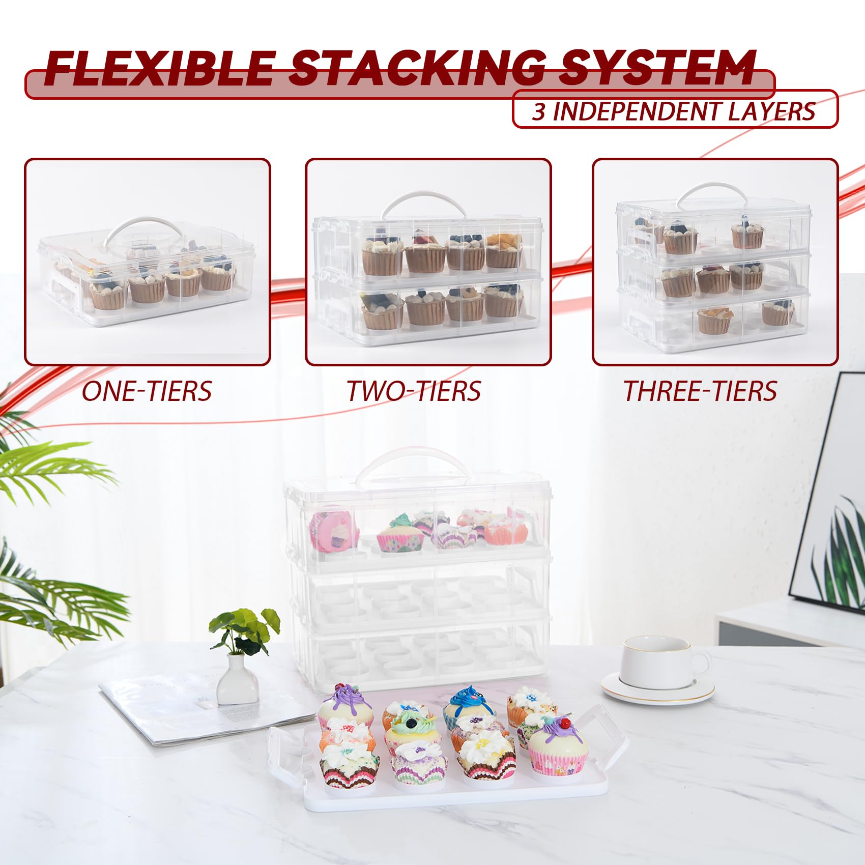 Lepump Cupcake Carrier, 3-Tiers Cupcake Containers, Holds 36 Cupcakes Or 3 Large Cakes, Cupcake Holder, Cupcake Box With Lid And