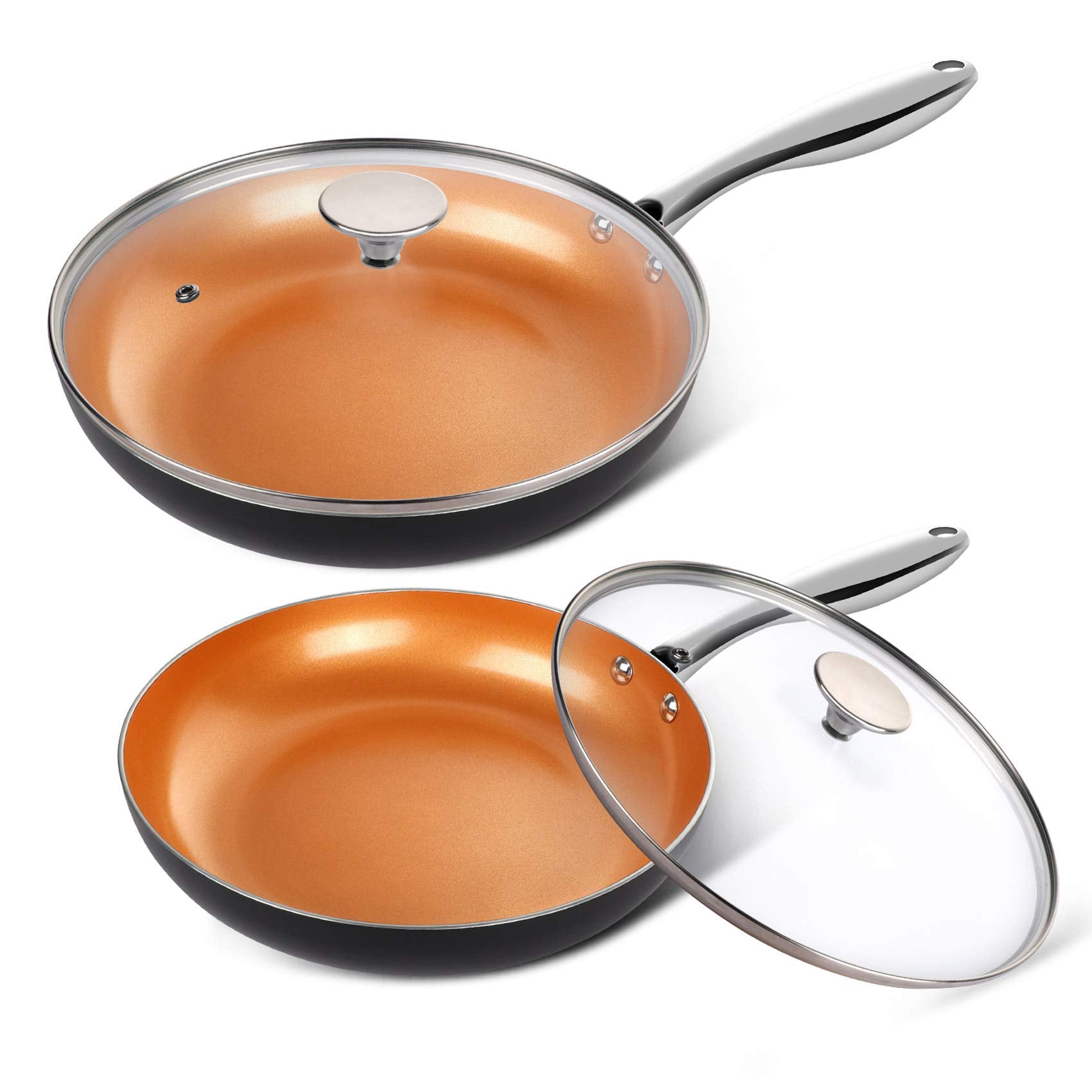 Michelangelo Copper Frying Pan Set With Lid, 8'' & 10'' Frying Pan Set, Nonstick Frying Pan Set, Copper Pans With Lid, Nonstick
